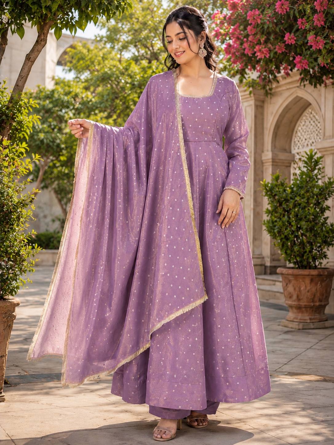 Lavender Soft NC Moss Butty Anarkali Suit Set with Pant & Dupatta