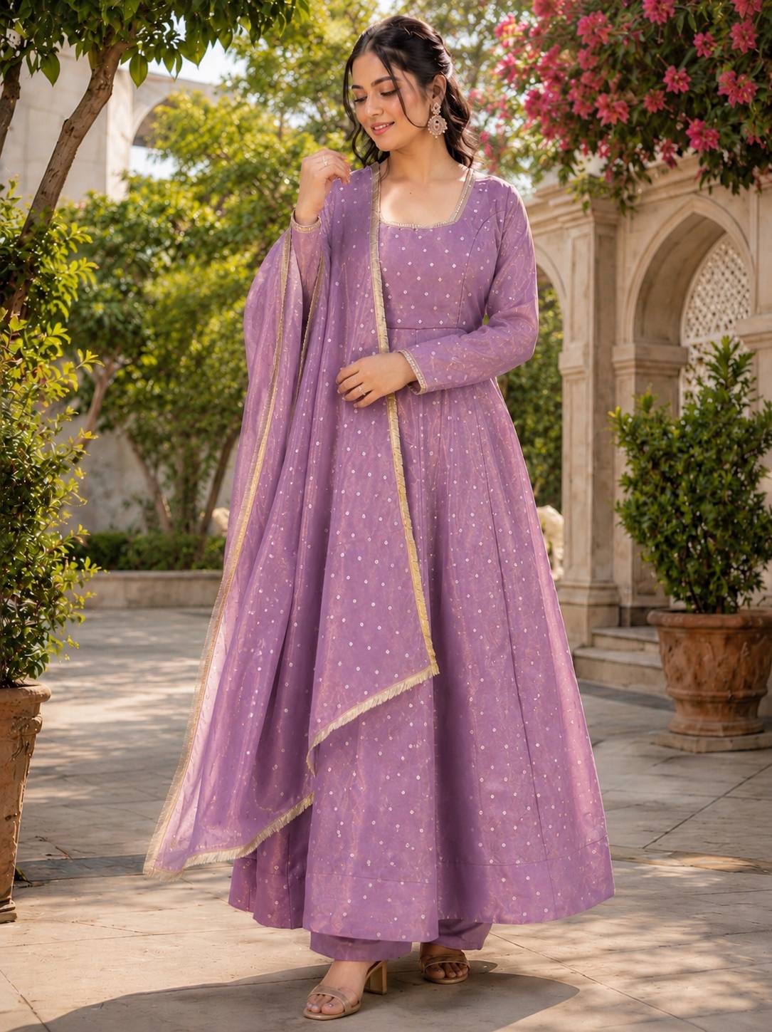 Lavender Soft NC Moss Butty Anarkali Suit Set with Pant & Dupatta