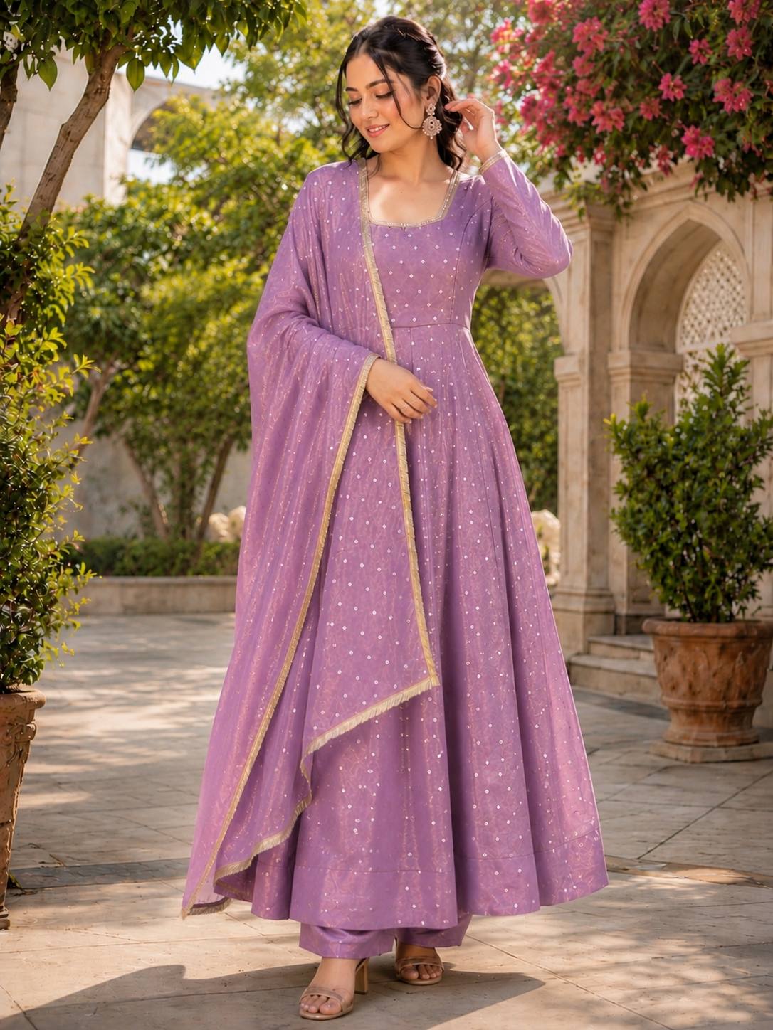 Lavender Soft NC Moss Butty Anarkali Suit Set with Pant & Dupatta