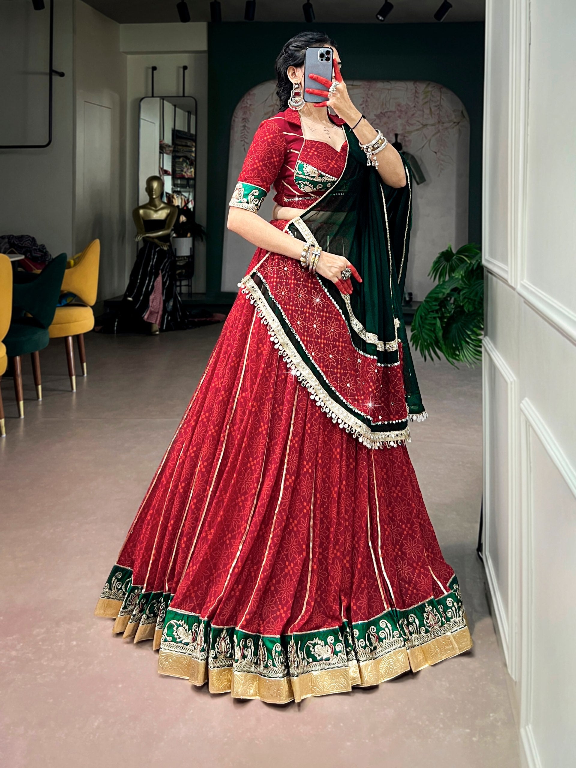 Maroon Bandhej Foil Print Navratri Lehenga Choli with Green Dupatta & Mirror Lace