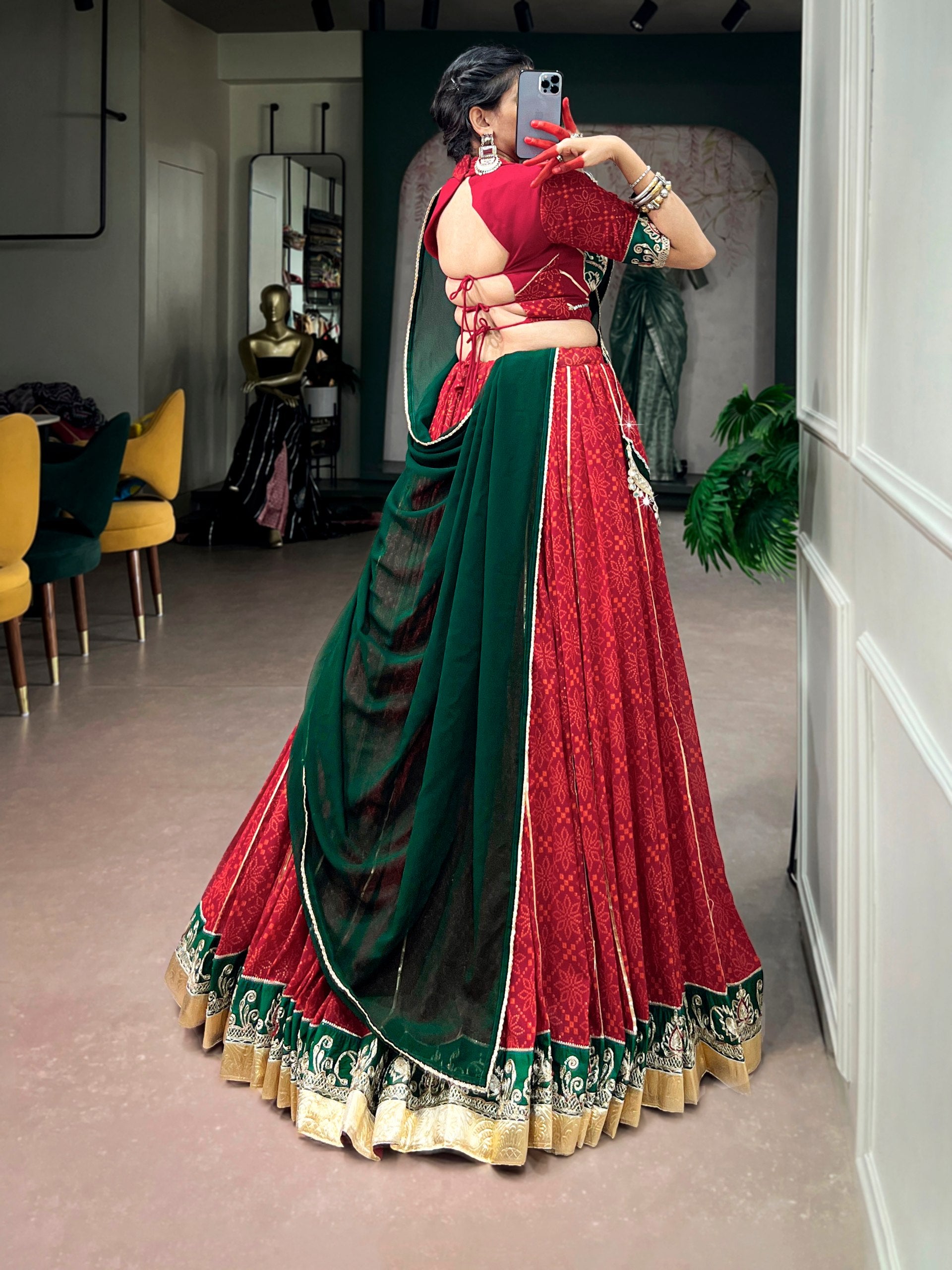 Maroon Bandhej Foil Print Navratri Lehenga Choli with Green Dupatta & Mirror Lace