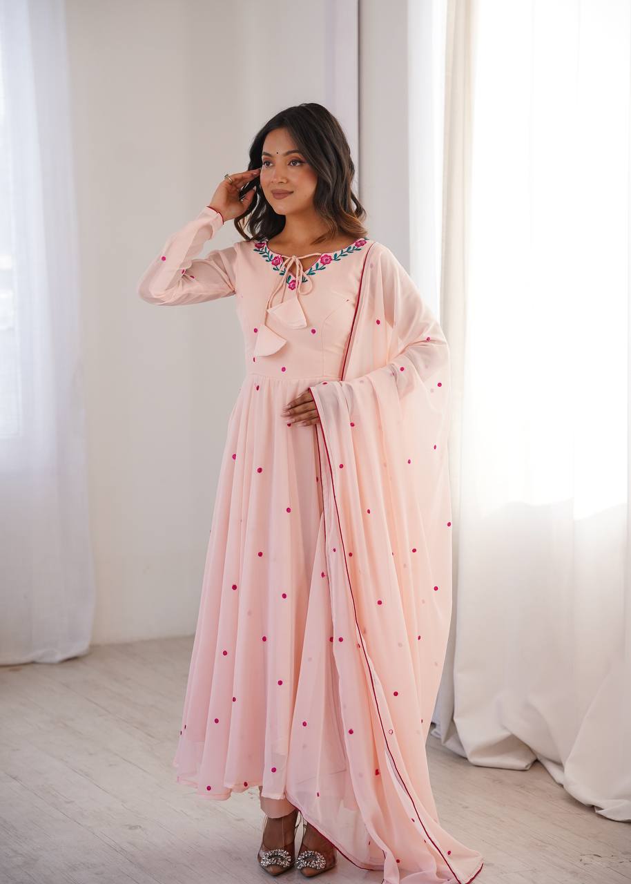 Blush Pink Embroidered Faux Georgette Anarkali Gown Set