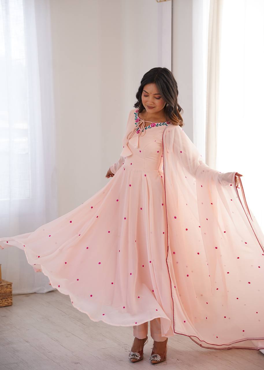 Blush Pink Embroidered Faux Georgette Anarkali Gown Set