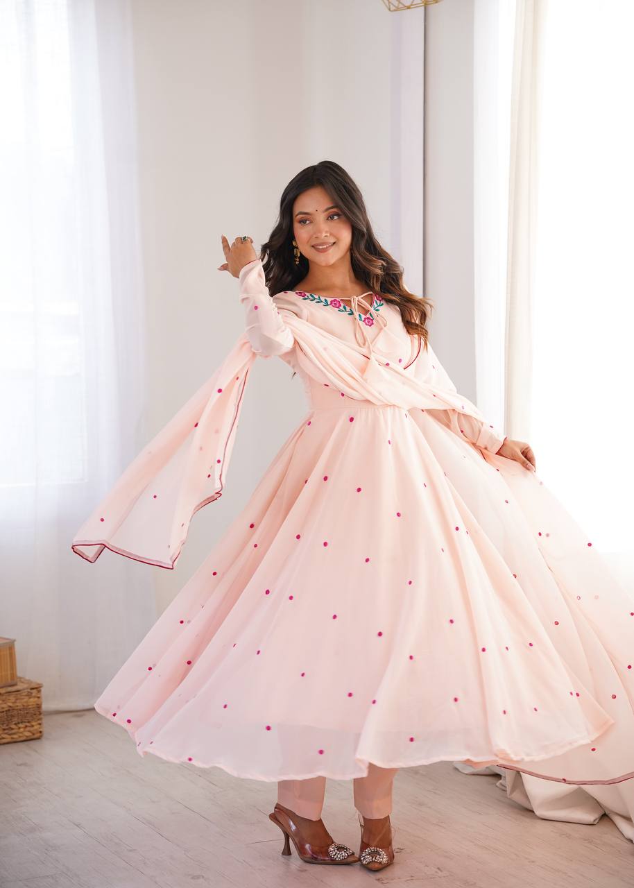 Blush Pink Embroidered Faux Georgette Anarkali Gown Set