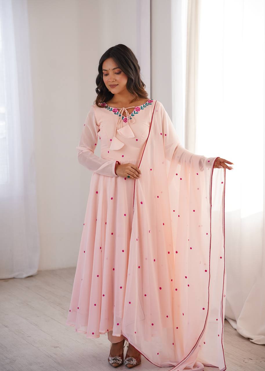Blush Pink Embroidered Faux Georgette Anarkali Gown Set