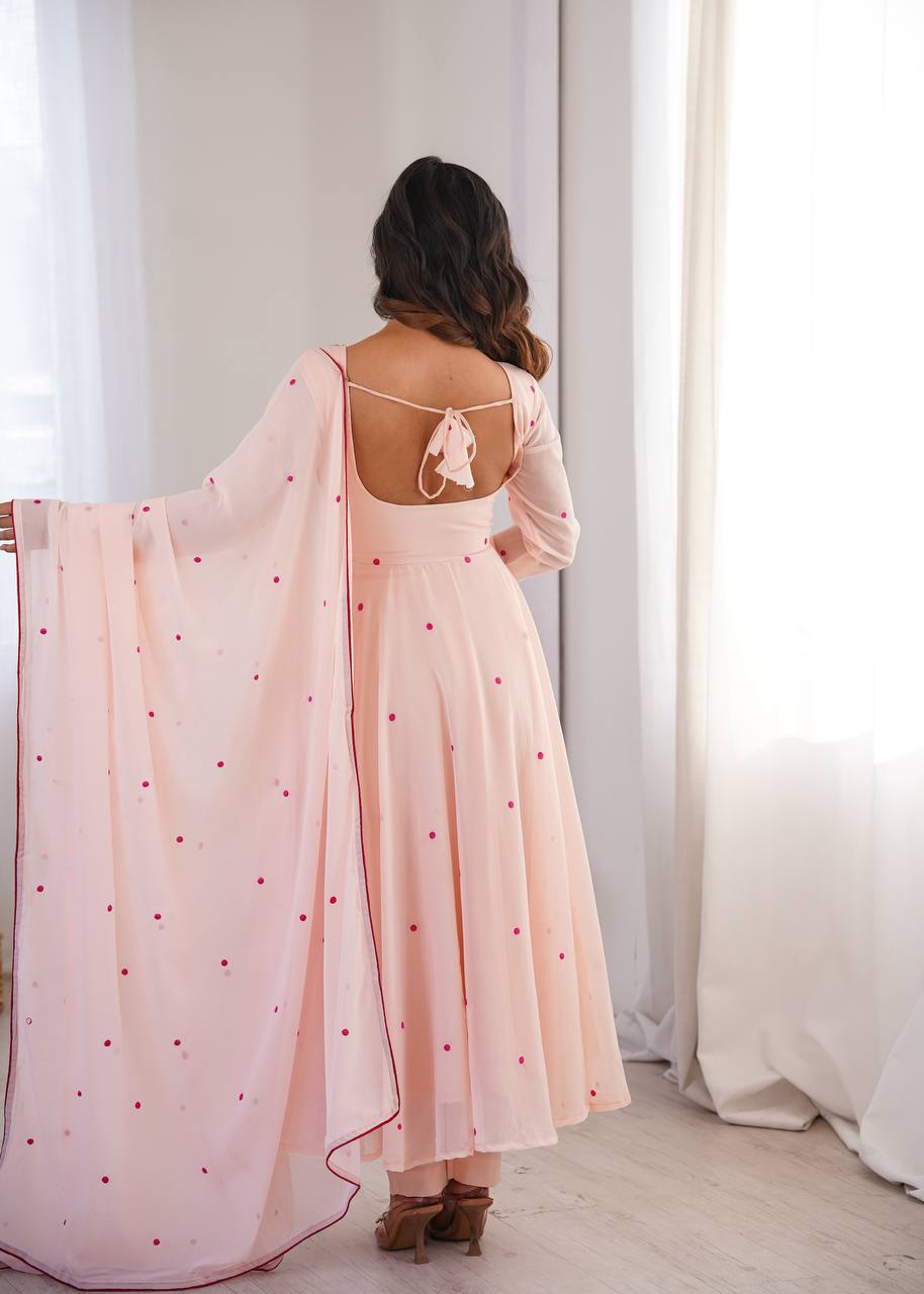 Blush Pink Embroidered Faux Georgette Anarkali Gown Set