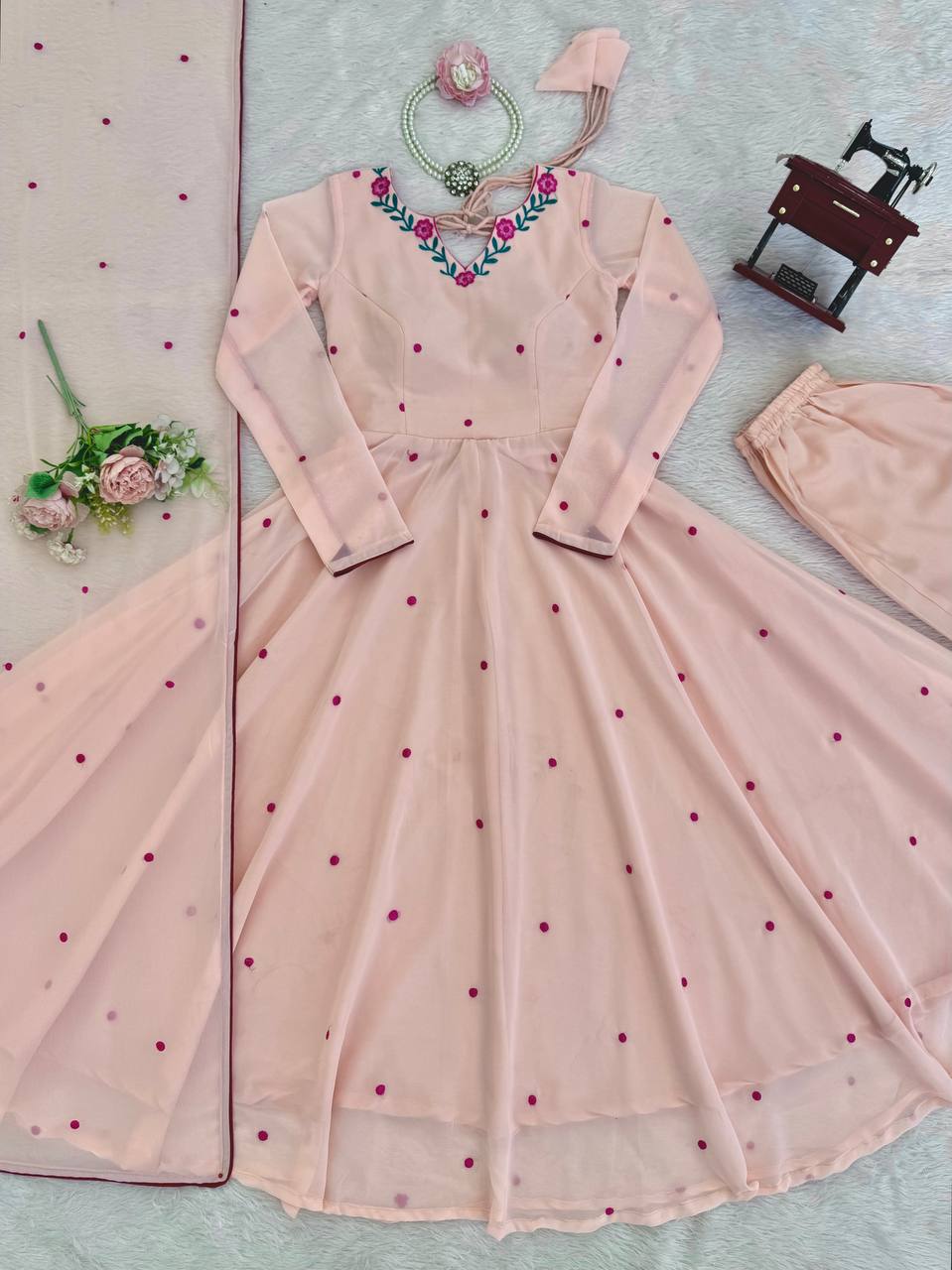 Blush Pink Embroidered Faux Georgette Anarkali Gown Set