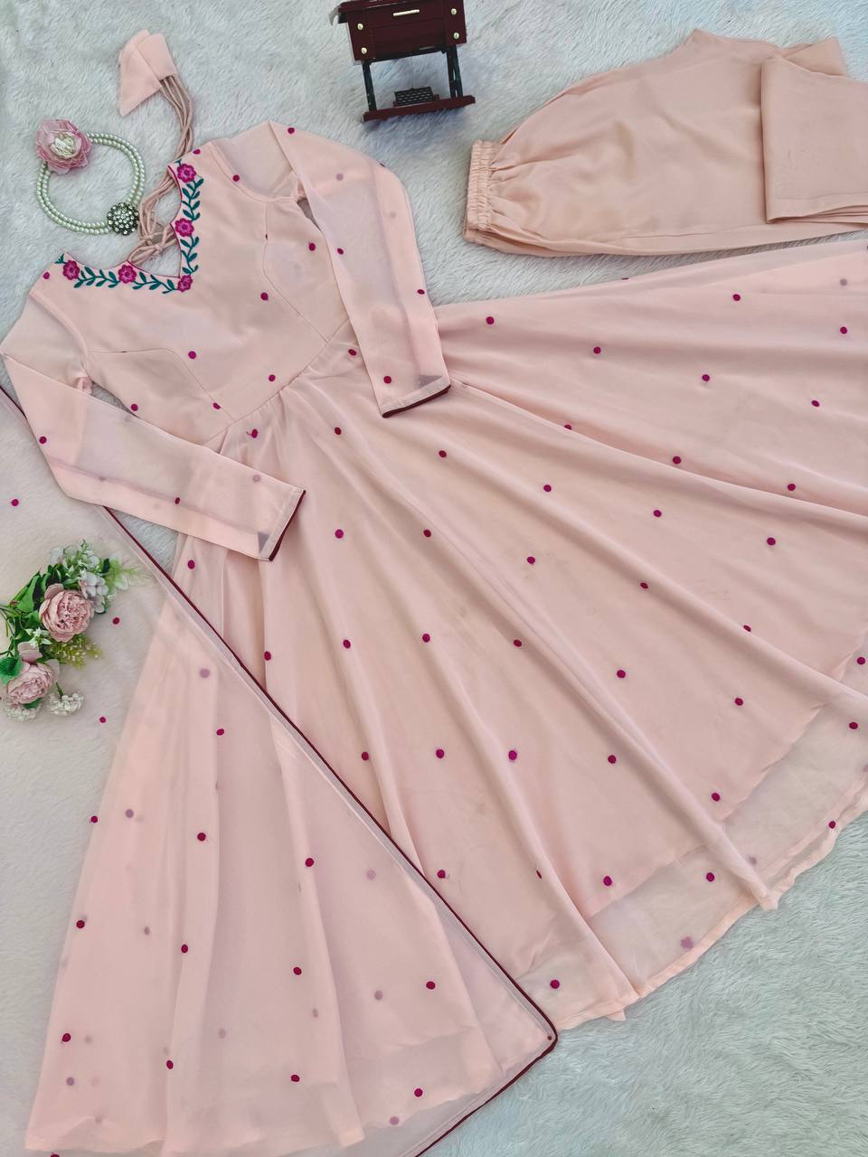 Blush Pink Embroidered Faux Georgette Anarkali Gown Set
