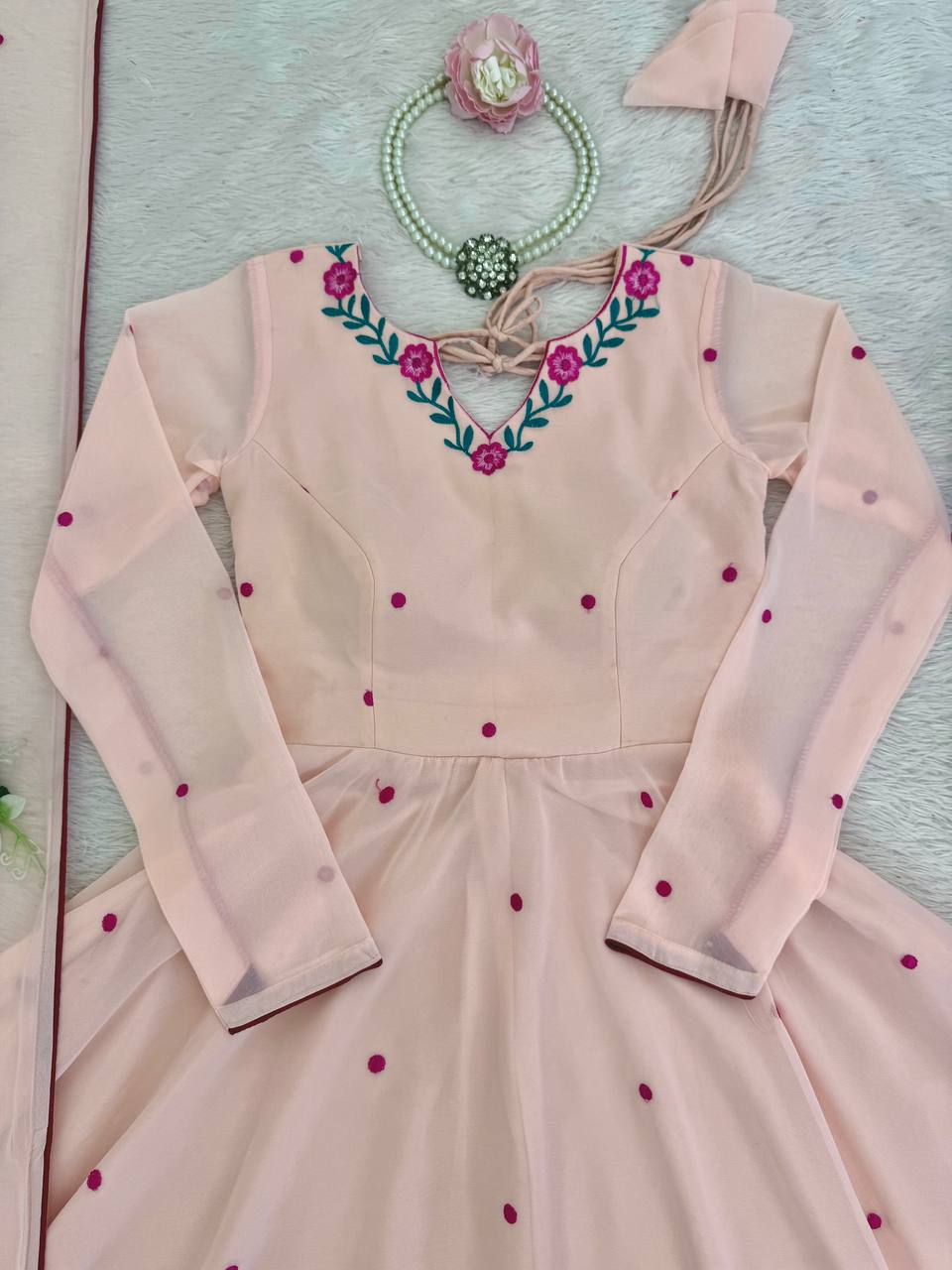 Blush Pink Embroidered Faux Georgette Anarkali Gown Set