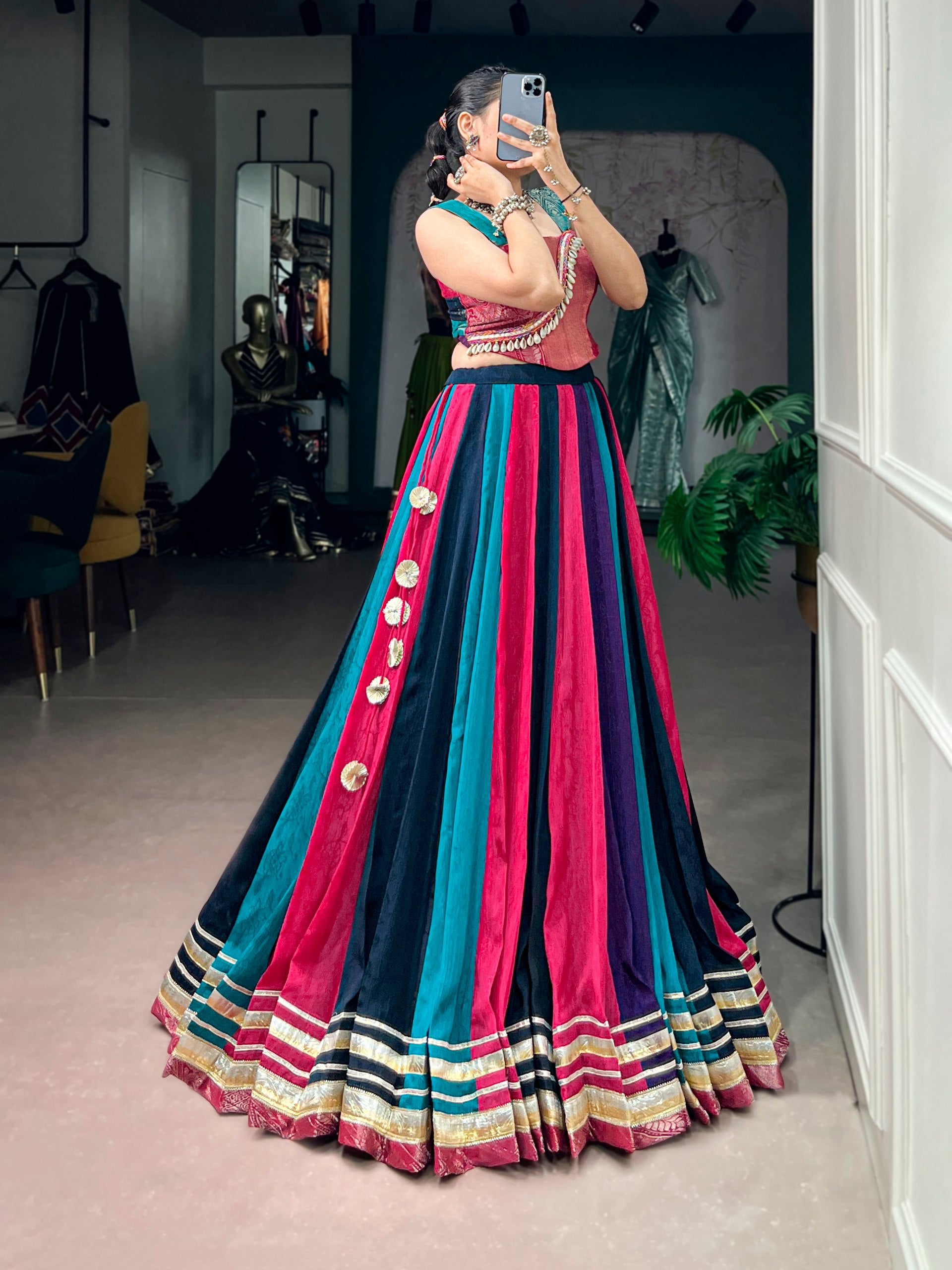 Multicolor Chinon Navratri Lehenga Choli with Zari Weaving Blouse & Tassel Detail