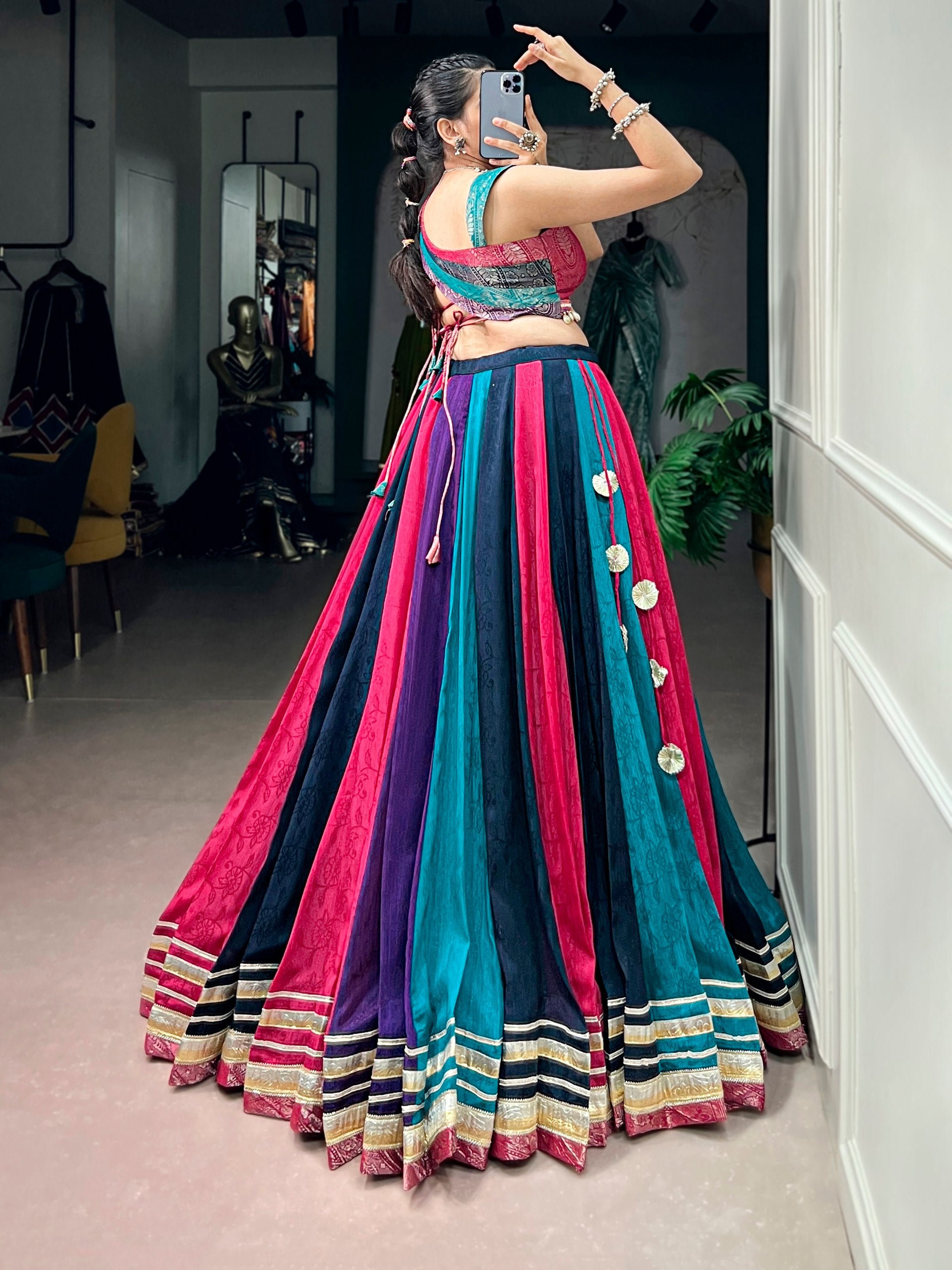 Multicolor Chinon Navratri Lehenga Choli with Zari Weaving Blouse & Tassel Detail
