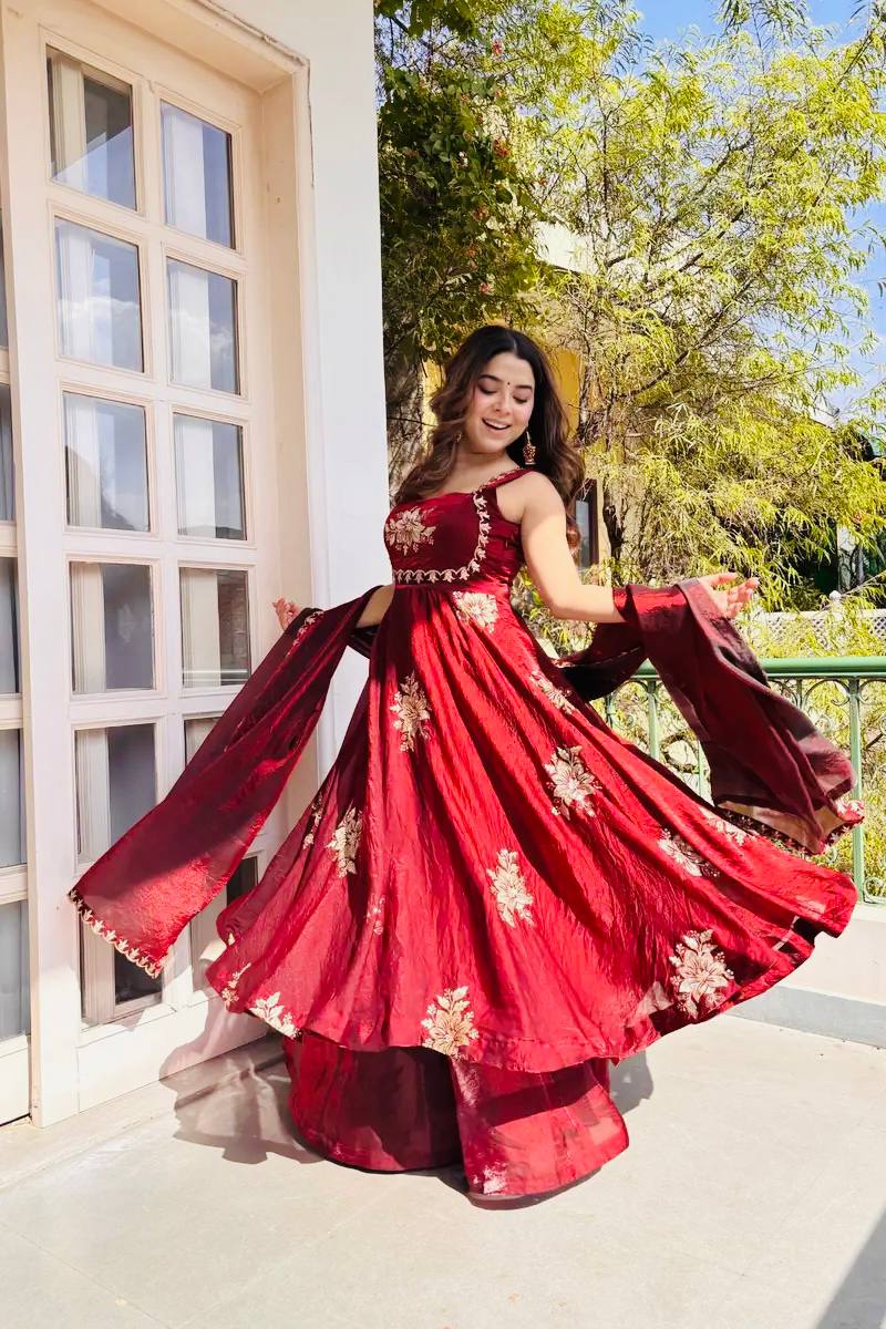 Buy Luxury Fendy Silk Embroidered Gown Sharara Set Online USA | Ready to Wear Indian Outfit