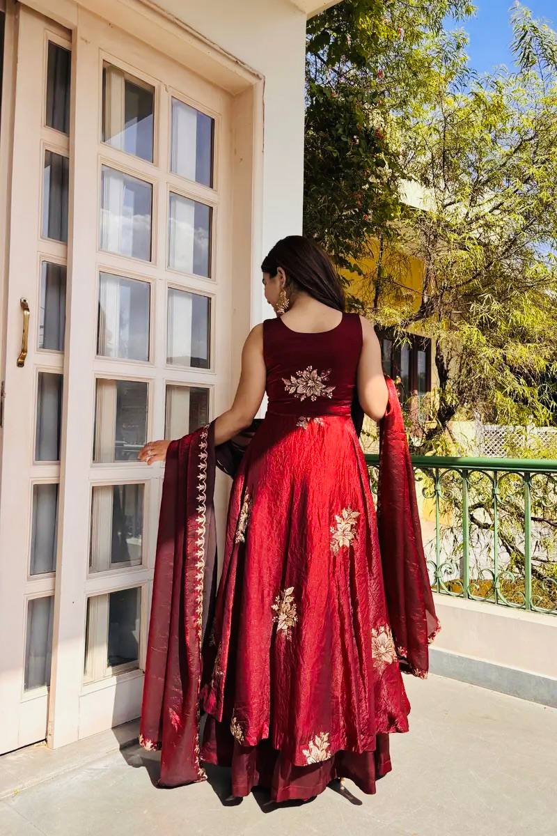 Buy Luxury Fendy Silk Embroidered Gown Sharara Set Online USA | Ready to Wear Indian Outfit
