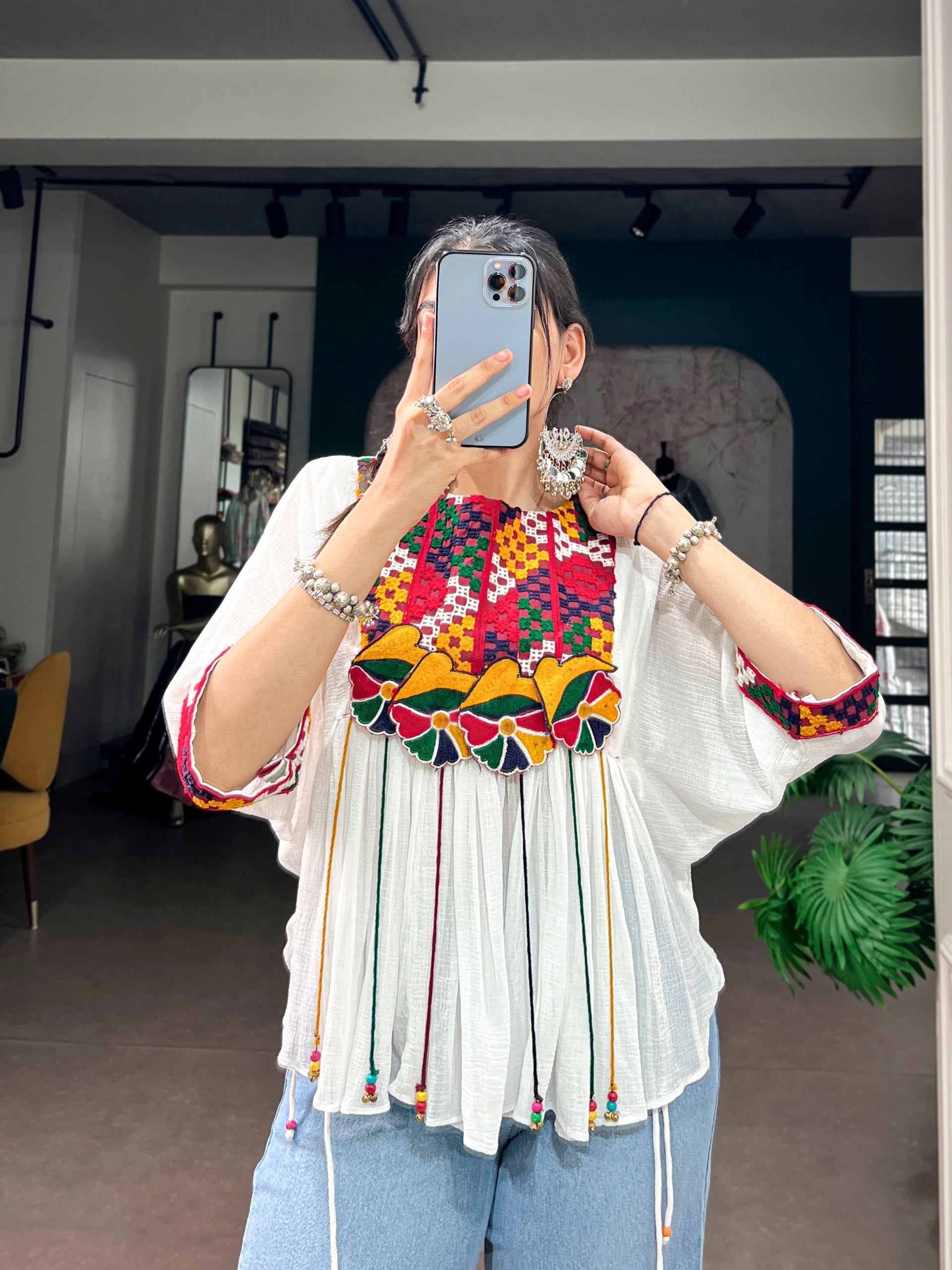White Garba Glam Cape Top with Multicolor Gamthi & Mirror Work
