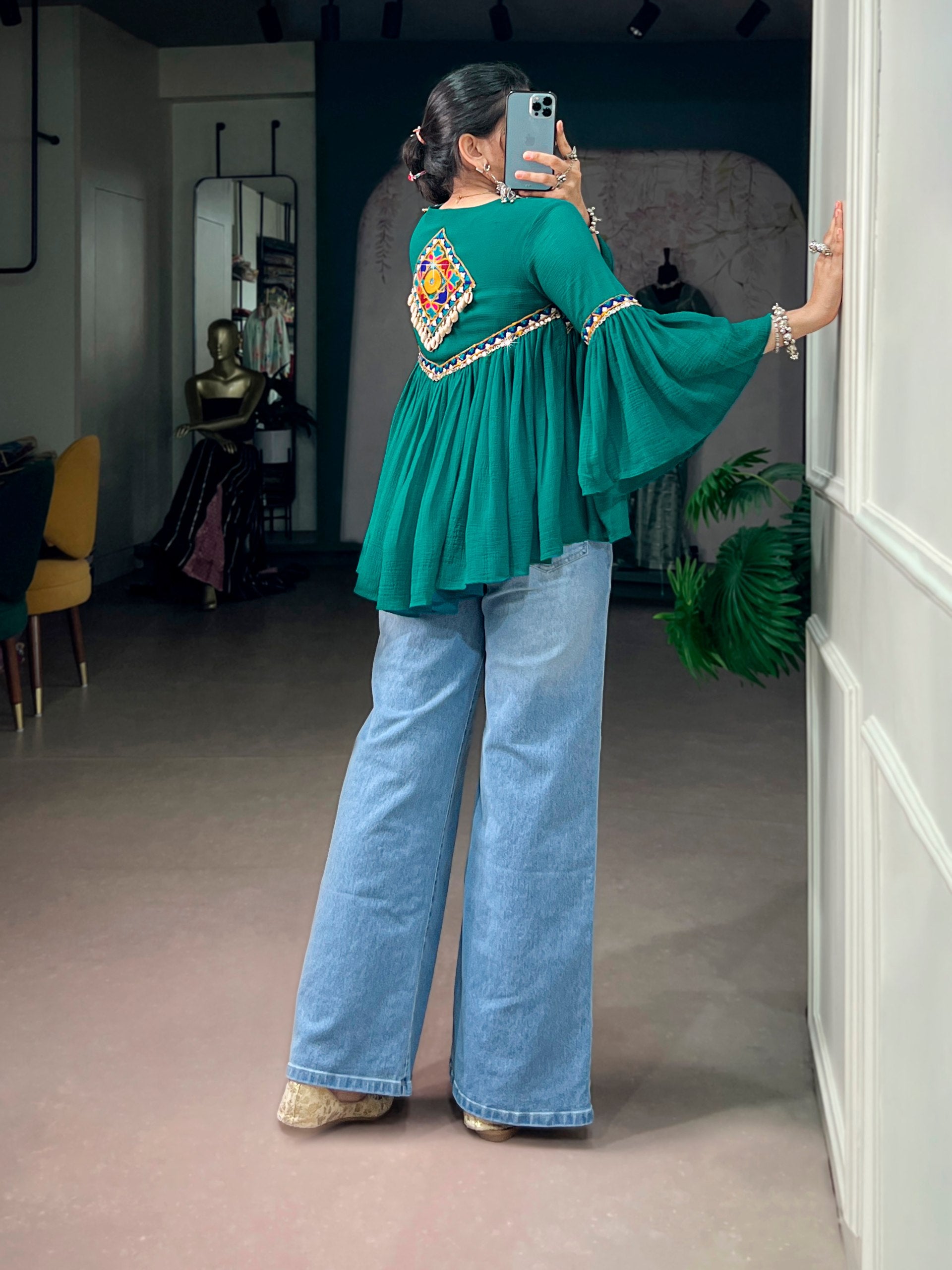 Emerald Green Garba Glam Cape Top with Mirror & Gamthi Work