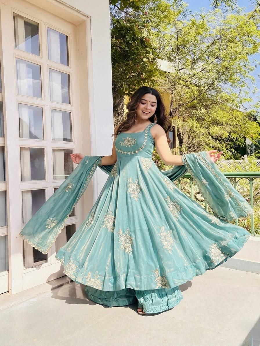 Buy Sky Color Luxury Gown Sharara Set Online USA | Ready to Wear Indian Outfit