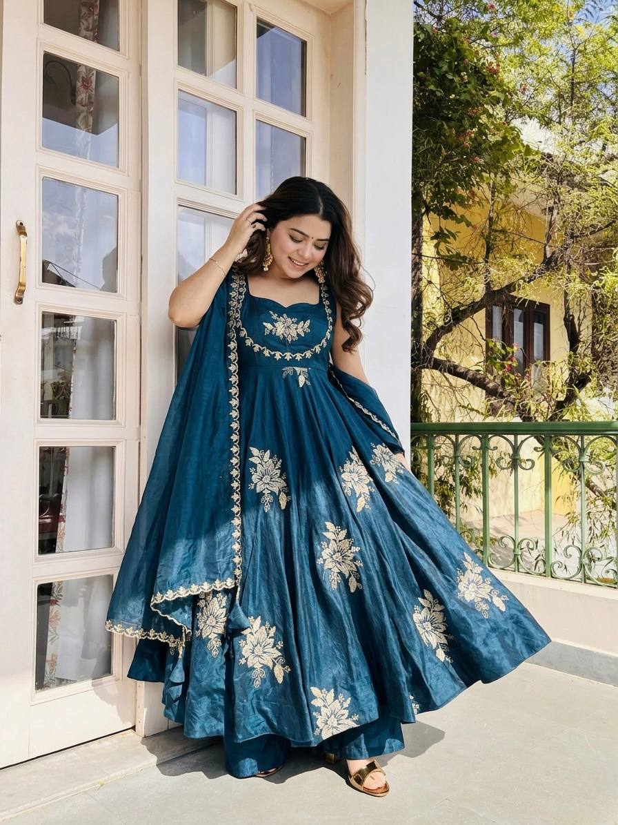 Buy Teal Color Luxury Gown Sharara Set Online USA | Ready to Wear Indian Outfit
