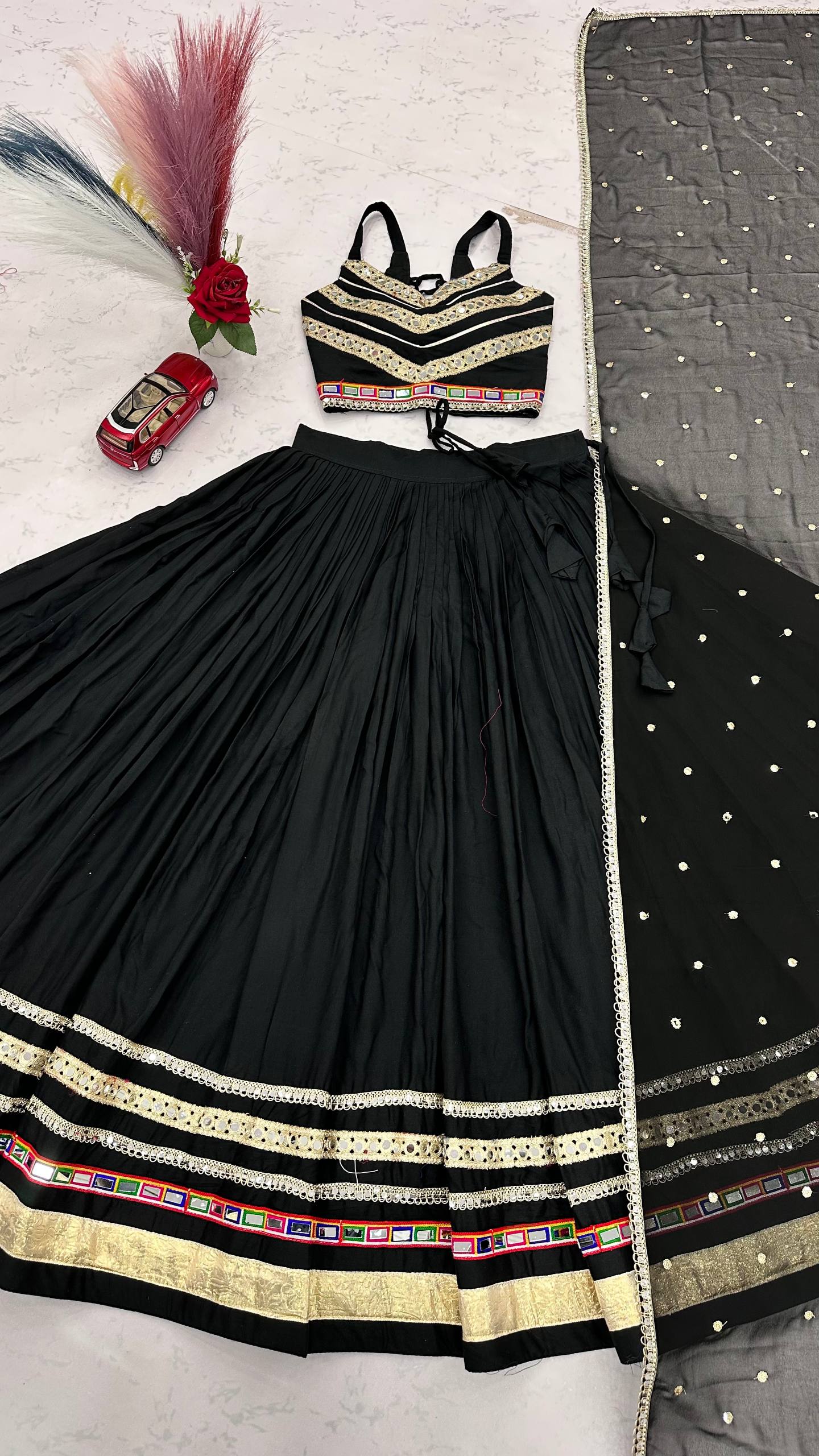 Classic Black Gamthi Work Cotton Lehenga Choli with Vintage Dupatta
