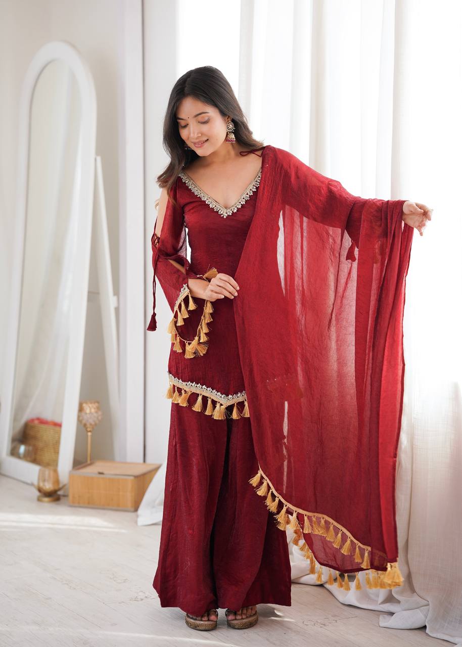Wine Maroon Doremon Crush Kurta Palazzo Set with Tassel Dupatta