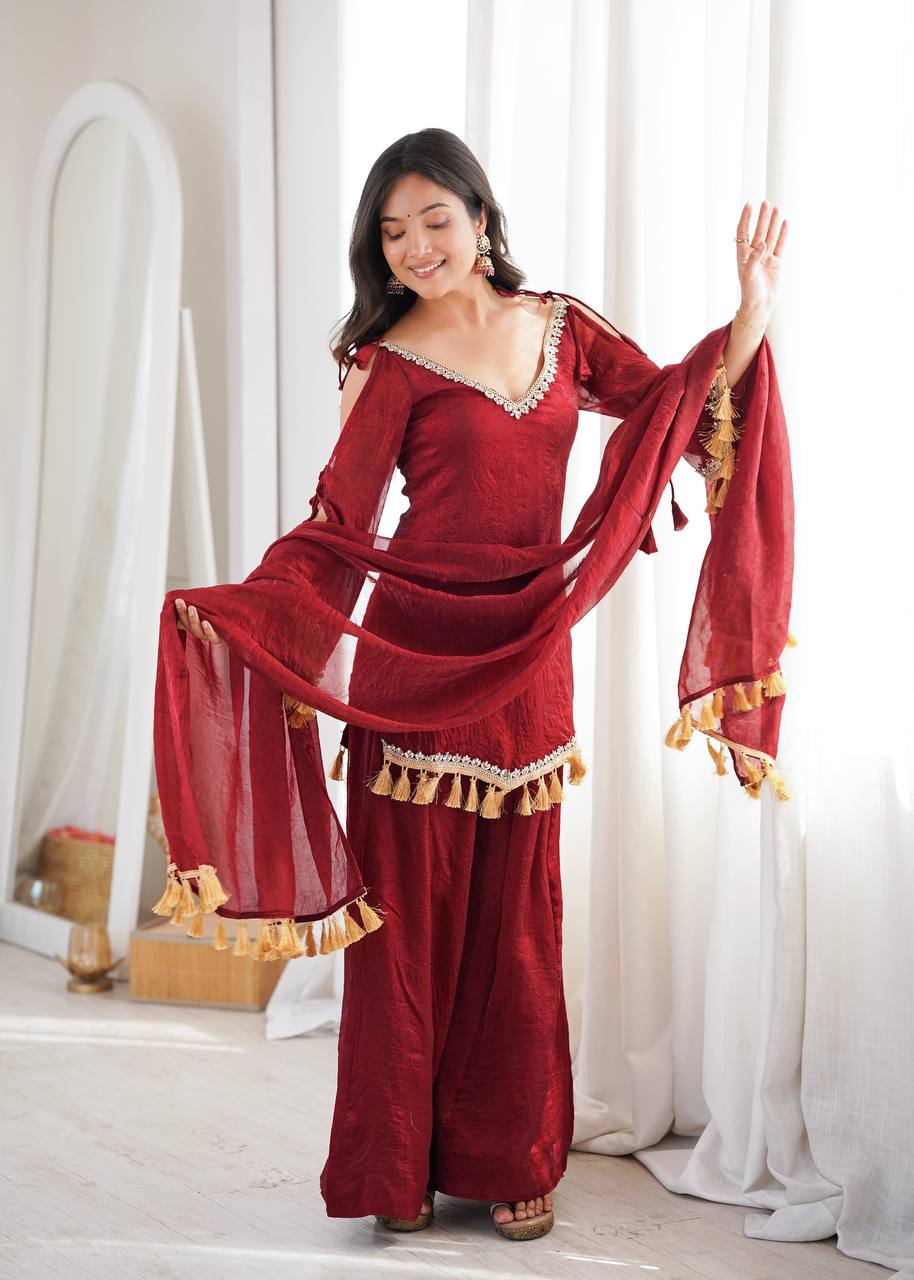 Wine Maroon Doremon Crush Kurta Palazzo Set with Tassel Dupatta
