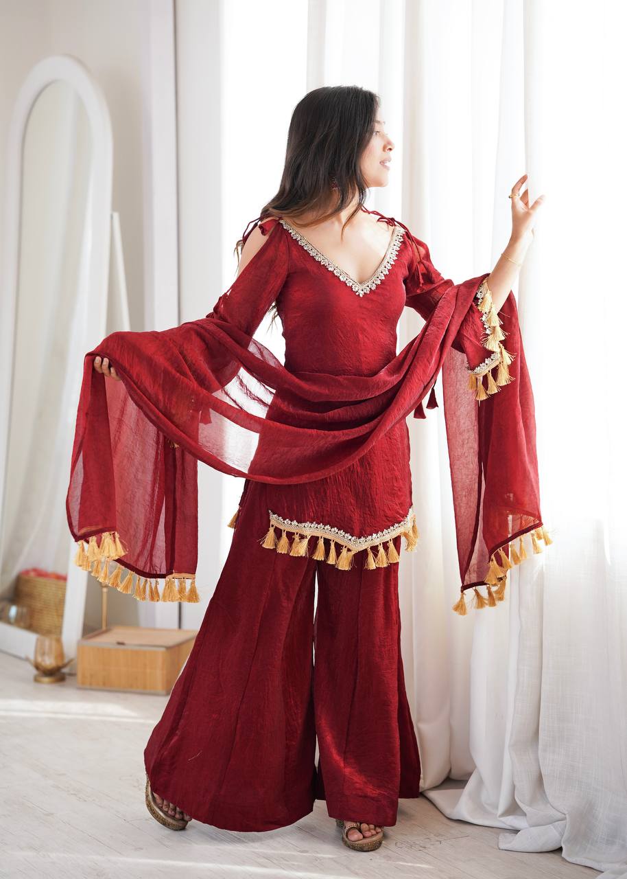 Wine Maroon Doremon Crush Kurta Palazzo Set with Tassel Dupatta
