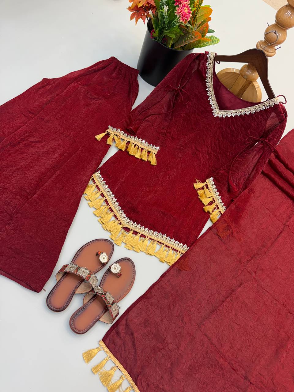 Wine Maroon Doremon Crush Kurta Palazzo Set with Tassel Dupatta