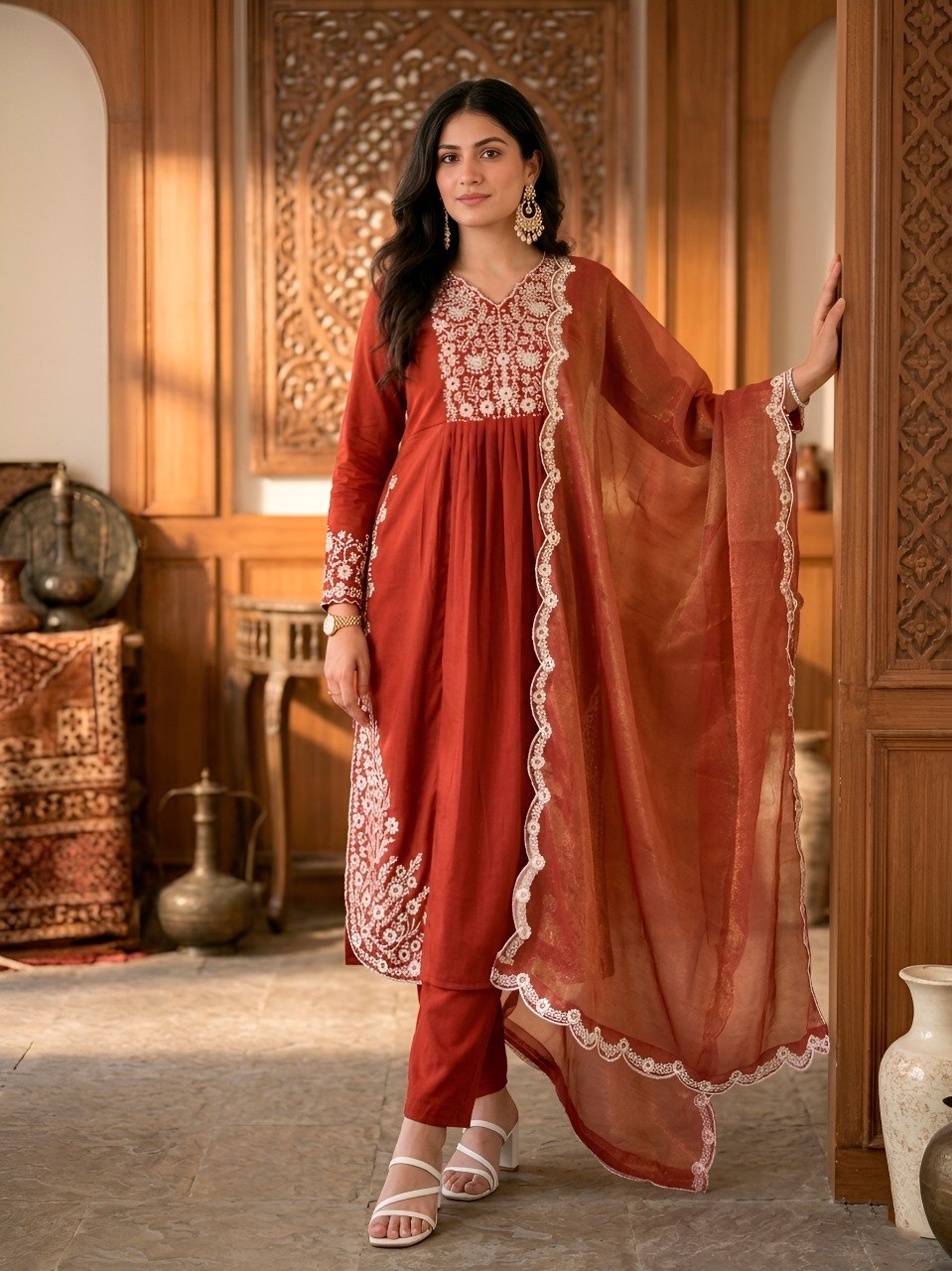 Burnt Rust Maska Cotton Embroidered Straight Kurta Pant Set with Dupatta