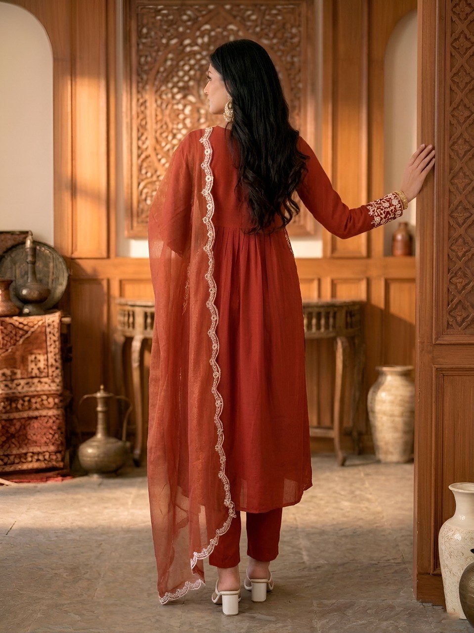 Burnt Rust Maska Cotton Embroidered Straight Kurta Pant Set with Dupatta