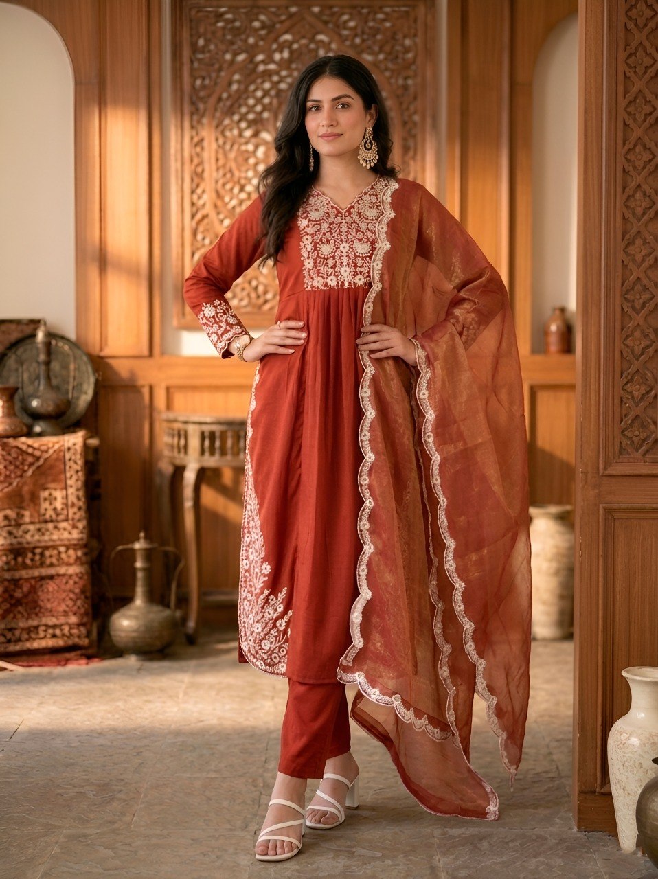 Burnt Rust Maska Cotton Embroidered Straight Kurta Pant Set with Dupatta