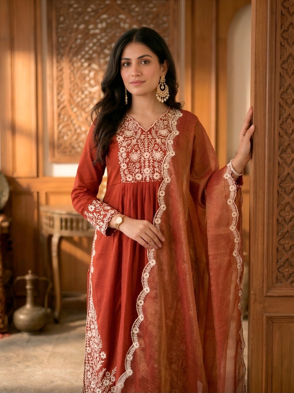 Burnt Rust Maska Cotton Embroidered Straight Kurta Pant Set with Dupatta