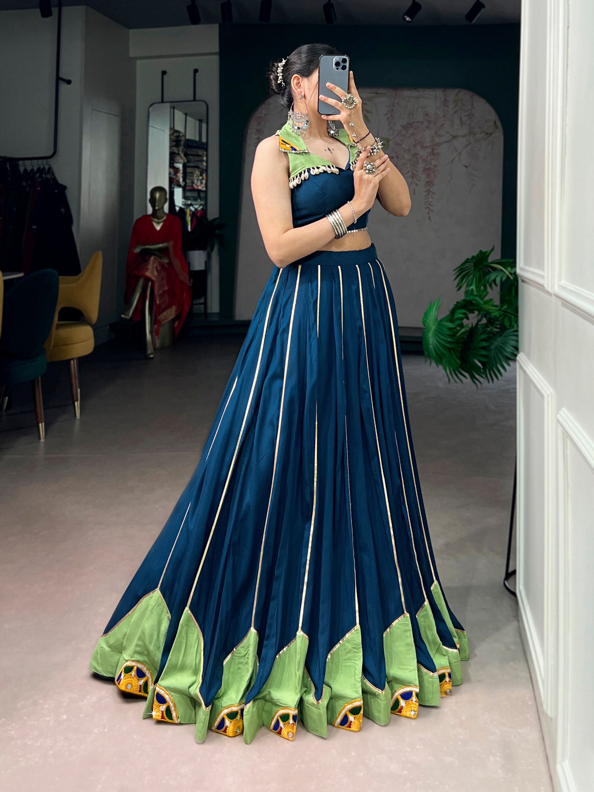 Navy Blue & Pistachio Green Gamthi Work Navratri Lehenga Choli | Mirror Lace | 6 Meter Flair