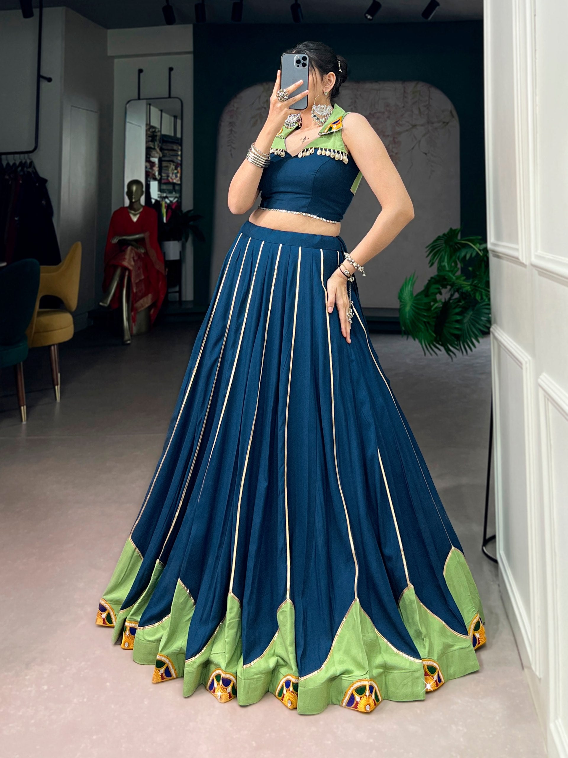 Navy Blue & Pistachio Green Gamthi Work Navratri Lehenga Choli | Mirror Lace | 6 Meter Flair