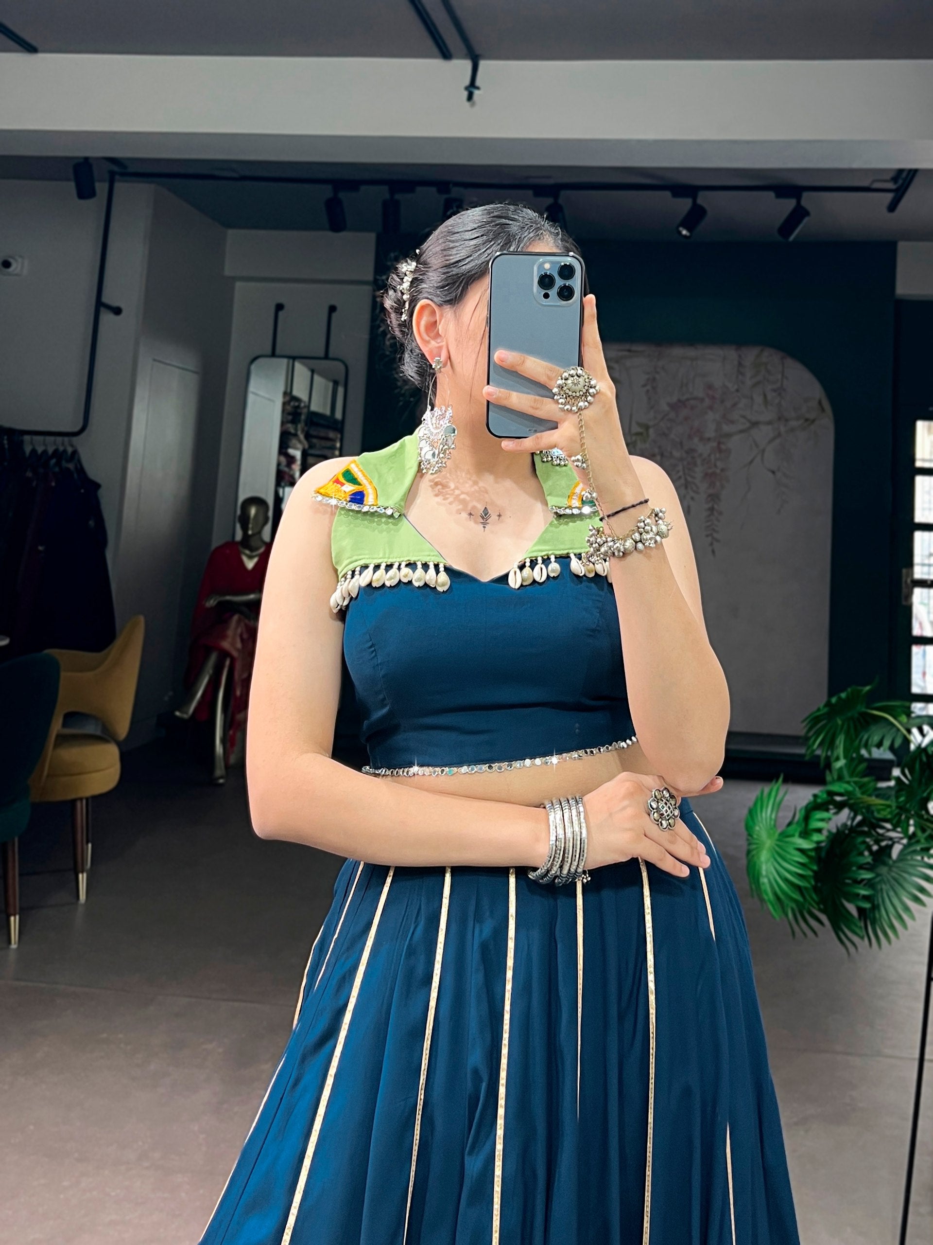 Navy Blue & Pistachio Green Gamthi Work Navratri Lehenga Choli | Mirror Lace | 6 Meter Flair