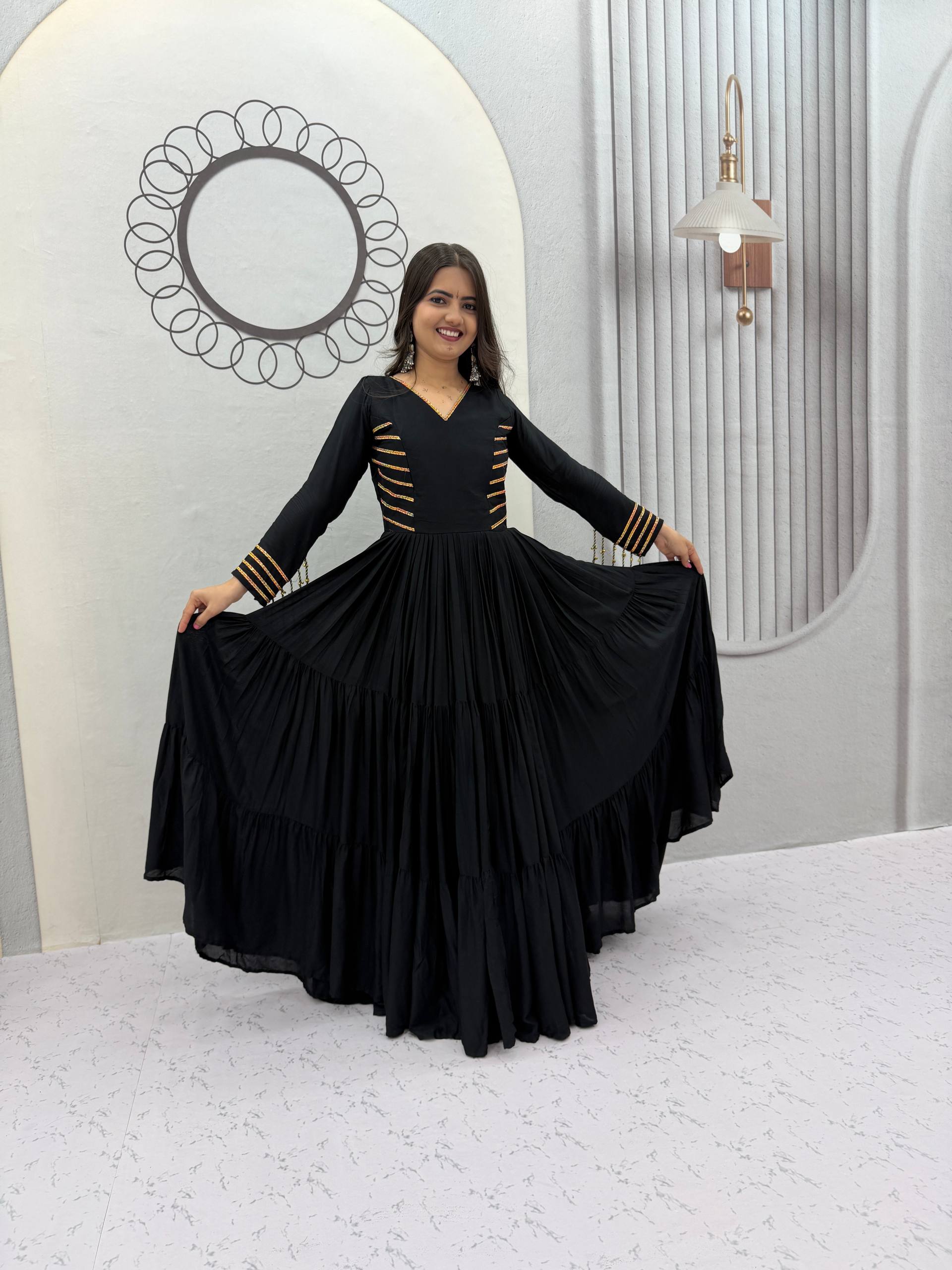 Black Pure Cotton Anarkali Gown with Golden Stripe Detail