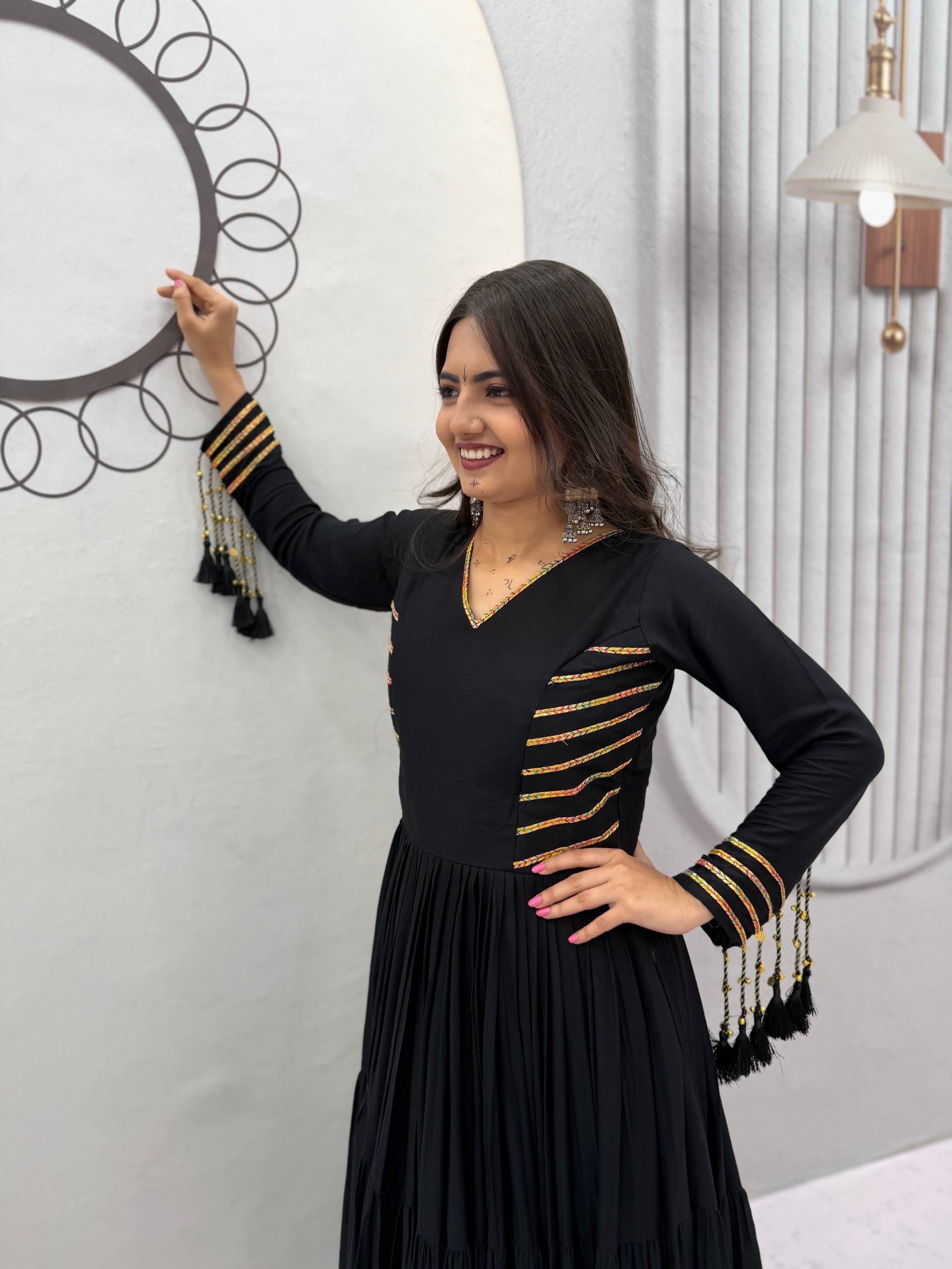 Black Pure Cotton Anarkali Gown with Golden Stripe Detail
