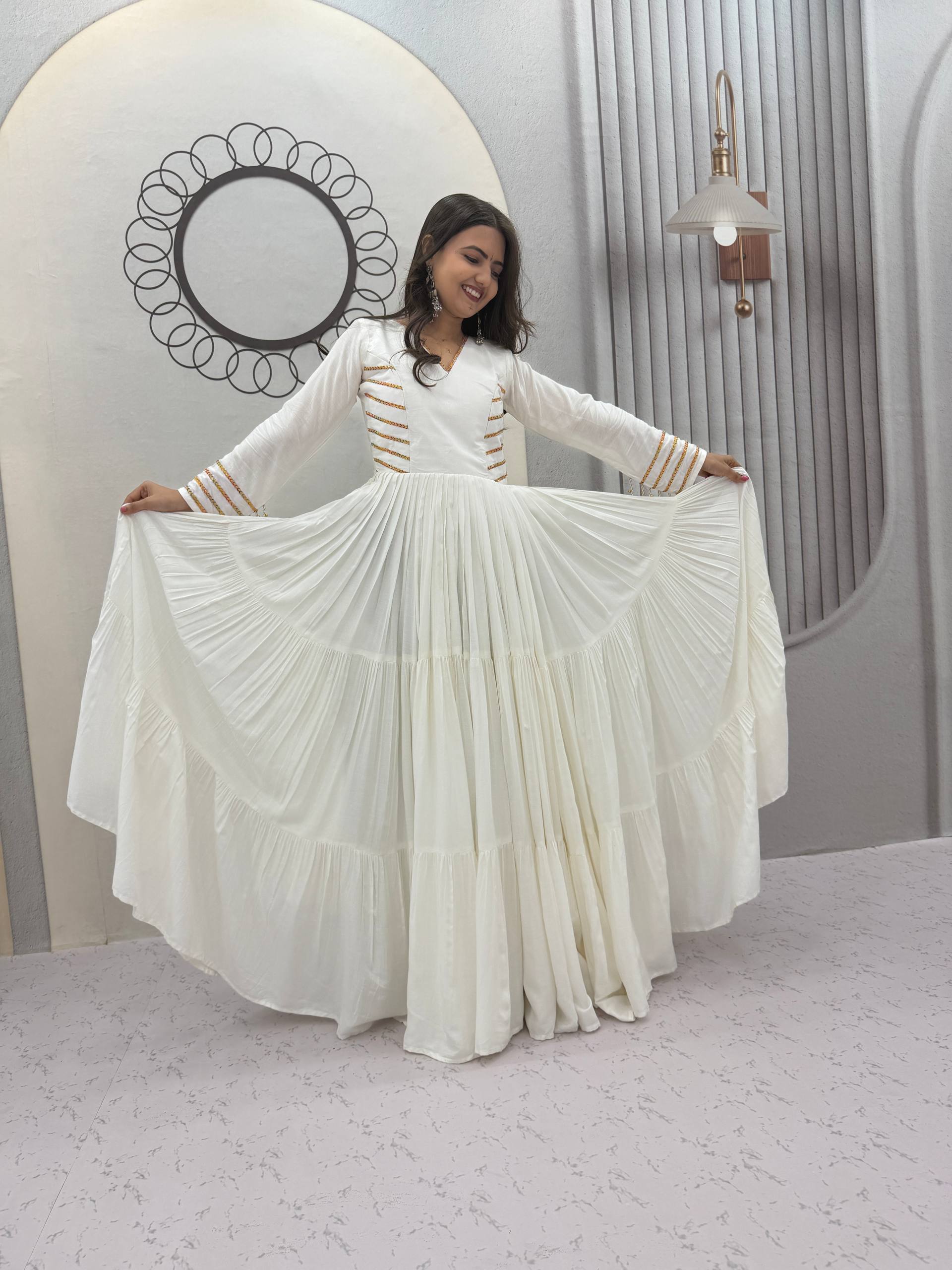 Off White Pure Cotton Tiered Anarkali Gown with Golden Lace Detailing