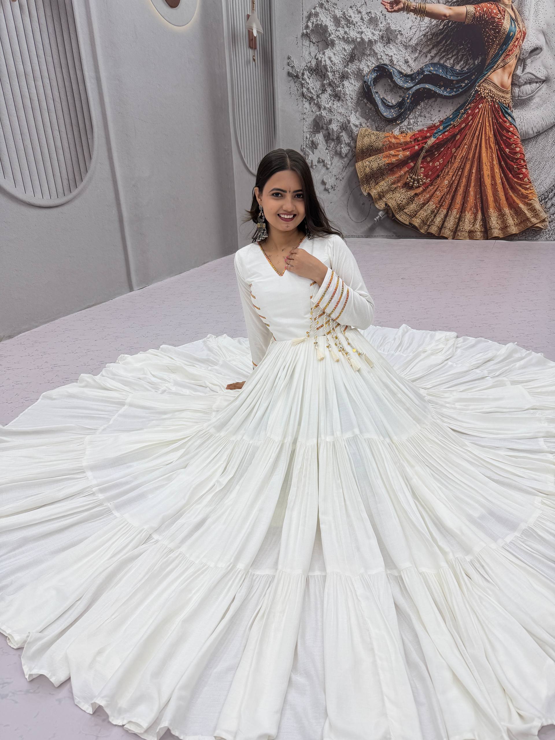 Off White Pure Cotton Tiered Anarkali Gown with Golden Lace Detailing