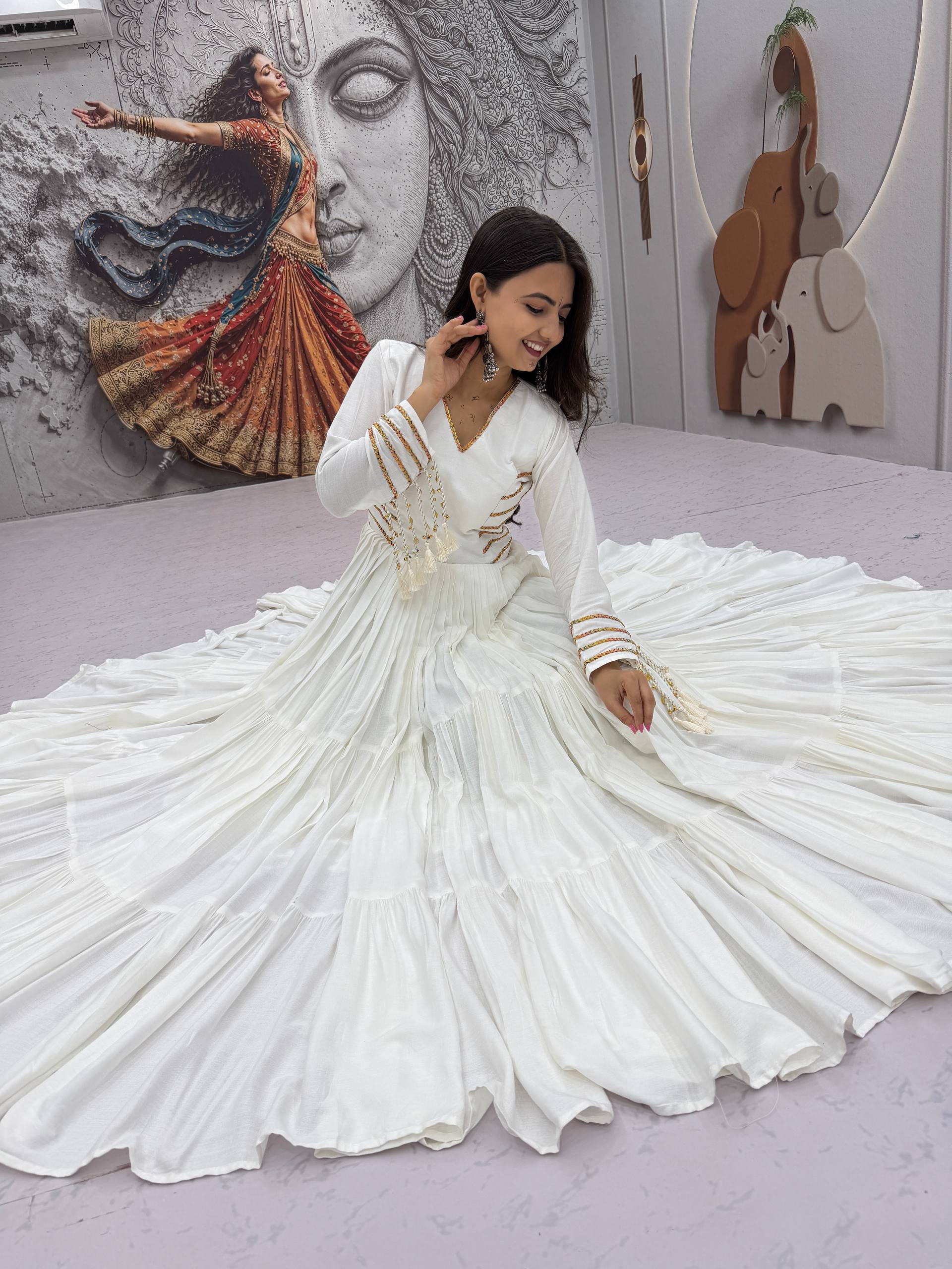 Off White Pure Cotton Tiered Anarkali Gown with Golden Lace Detailing