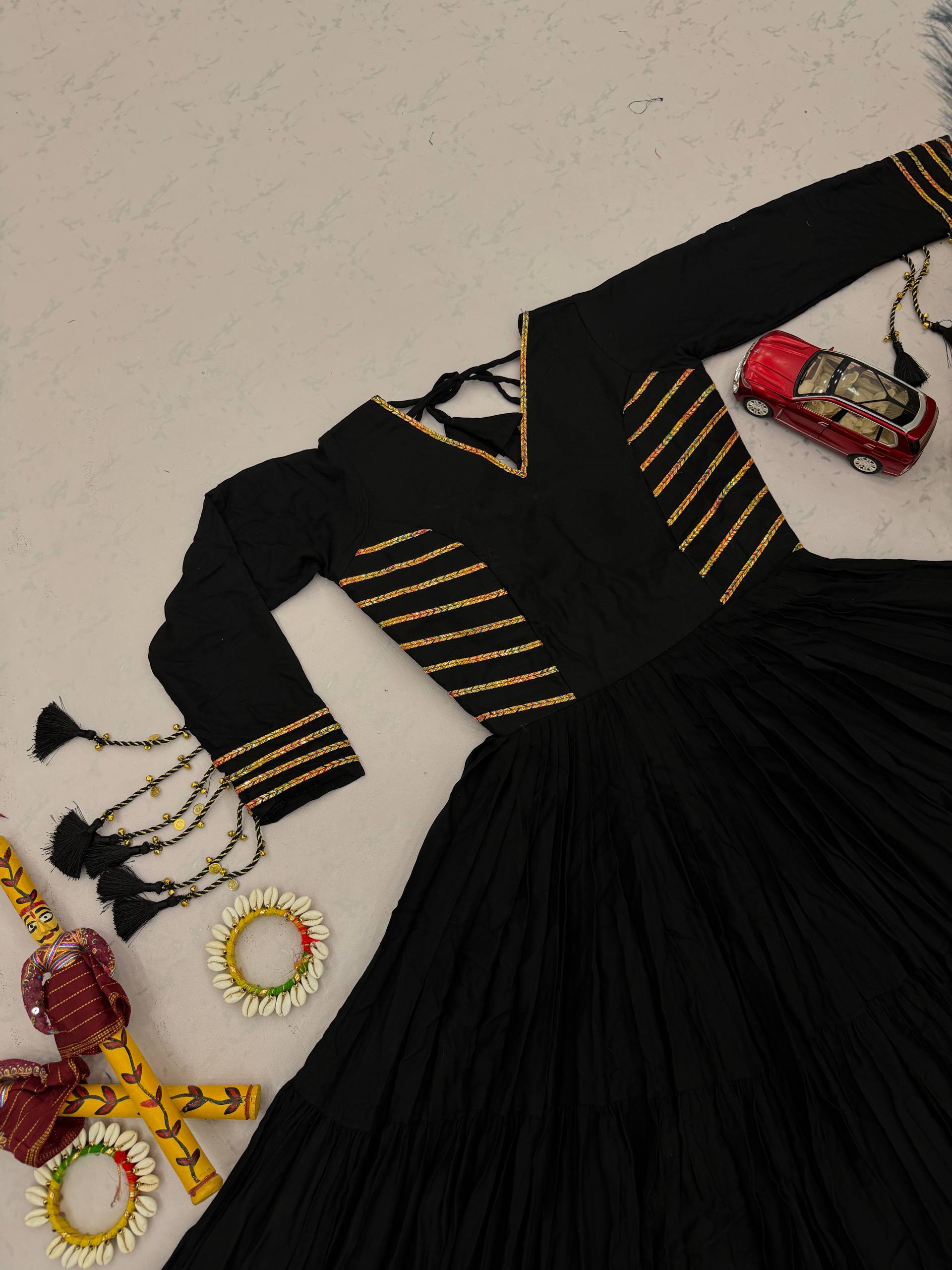 Black Pure Cotton Anarkali Gown with Golden Stripe Detail