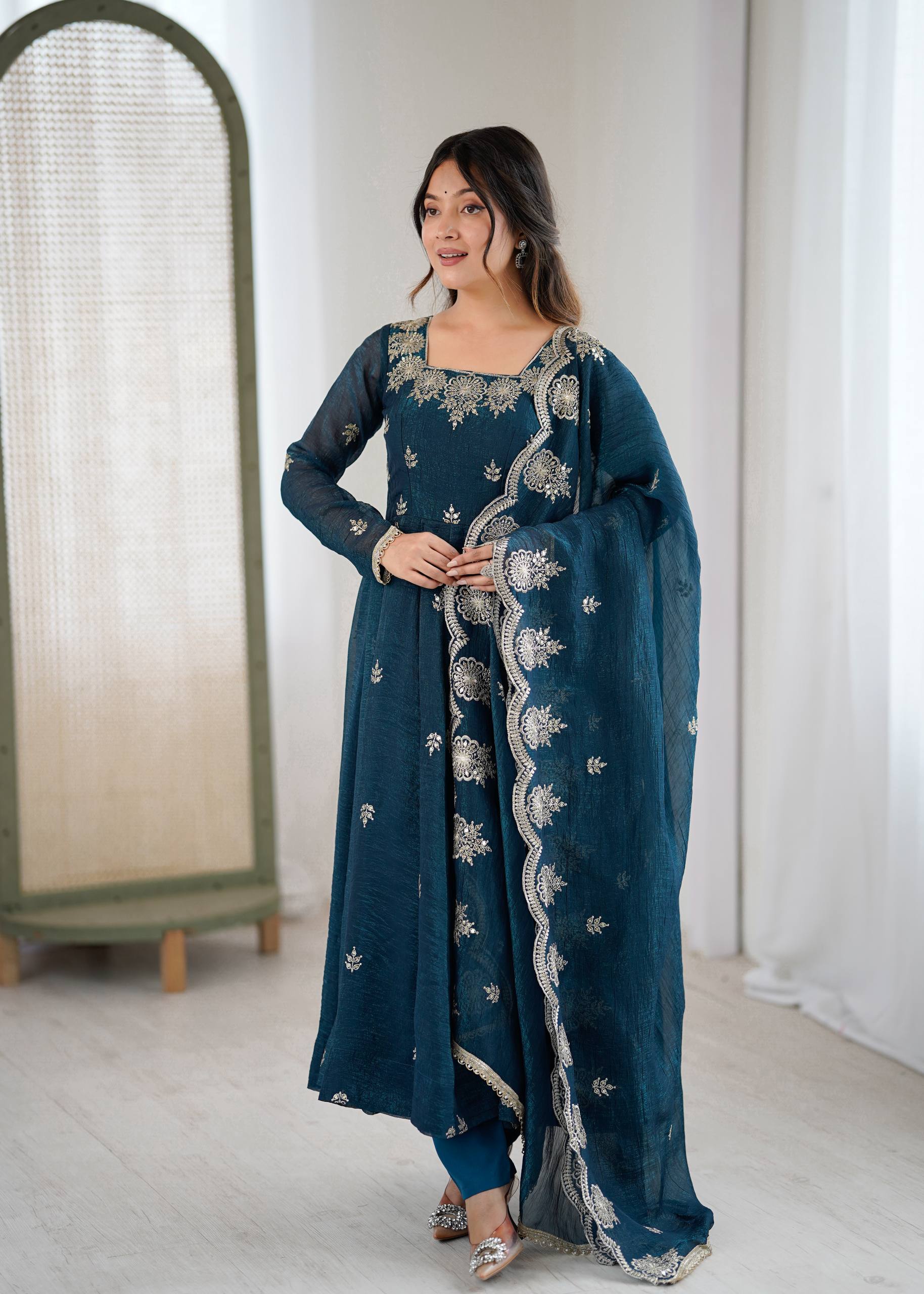 Teal Blue Color Elegant Designer Anarkali Set for Women | Ready to Wear 3 Piece Suit