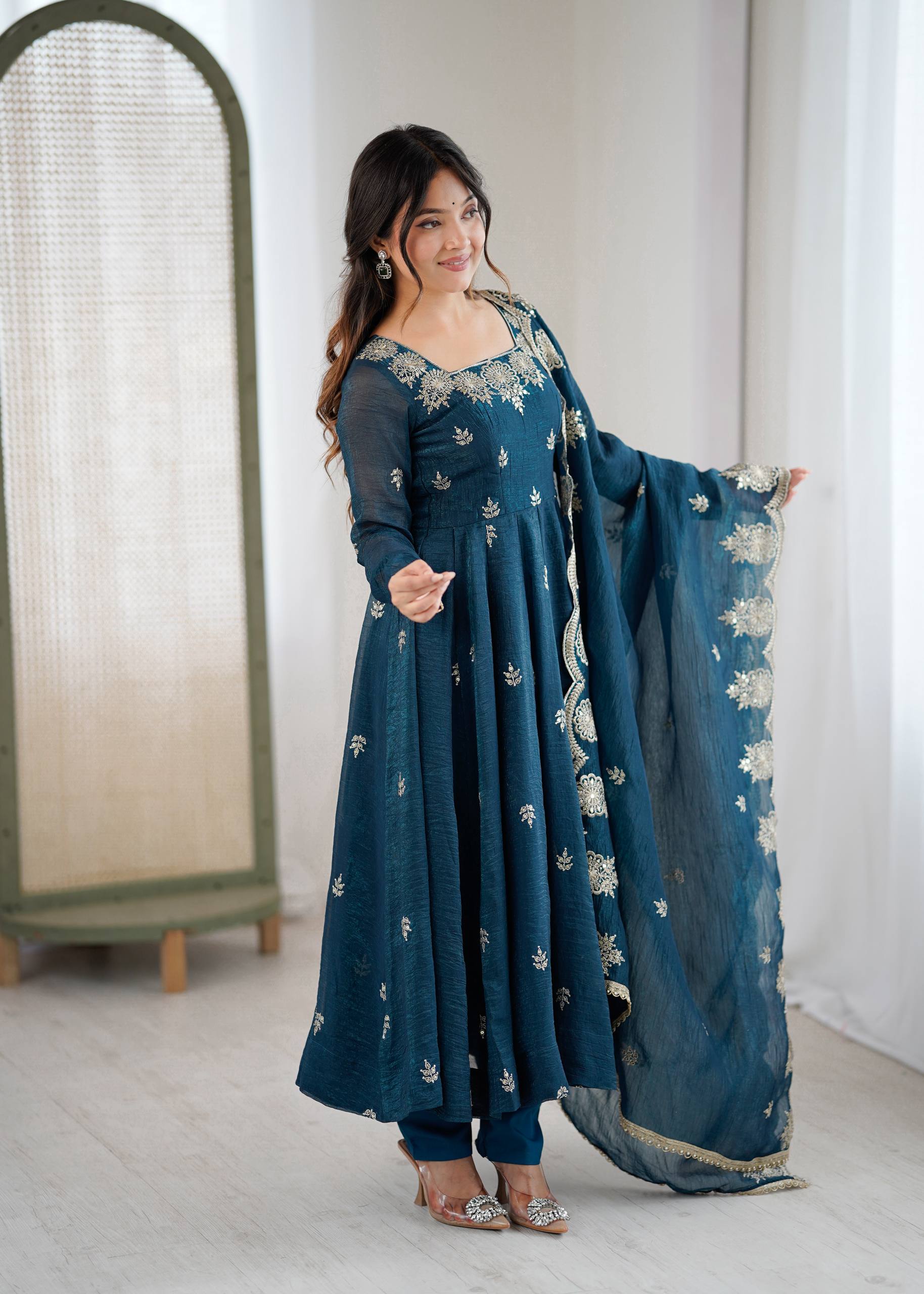 Teal Blue Color Elegant Designer Anarkali Set for Women | Ready to Wear 3 Piece Suit