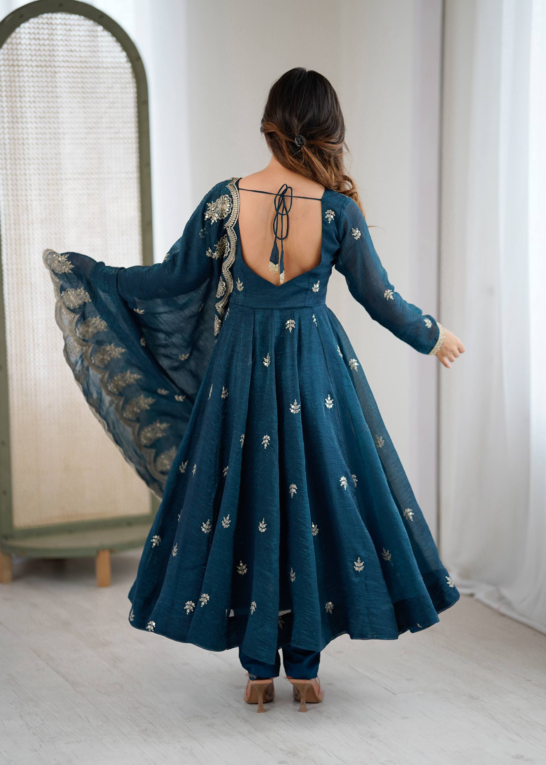 Teal Blue Color Elegant Designer Anarkali Set for Women | Ready to Wear 3 Piece Suit