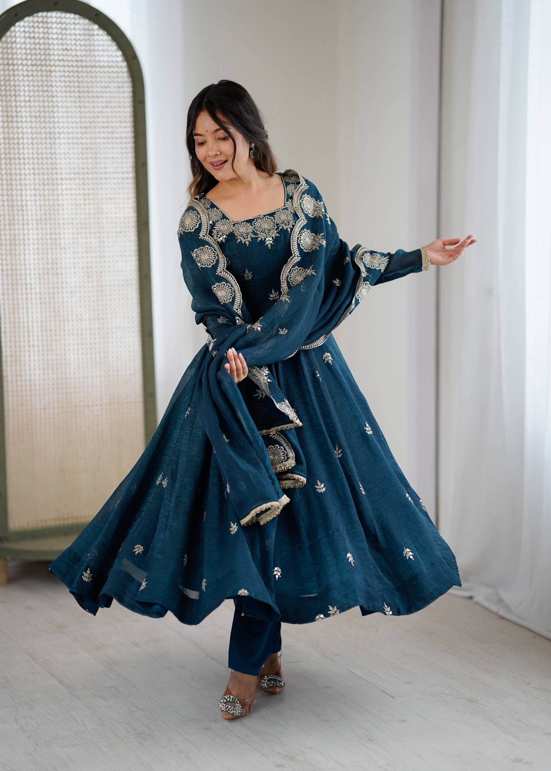 Teal Blue Color Elegant Designer Anarkali Set for Women | Ready to Wear 3 Piece Suit