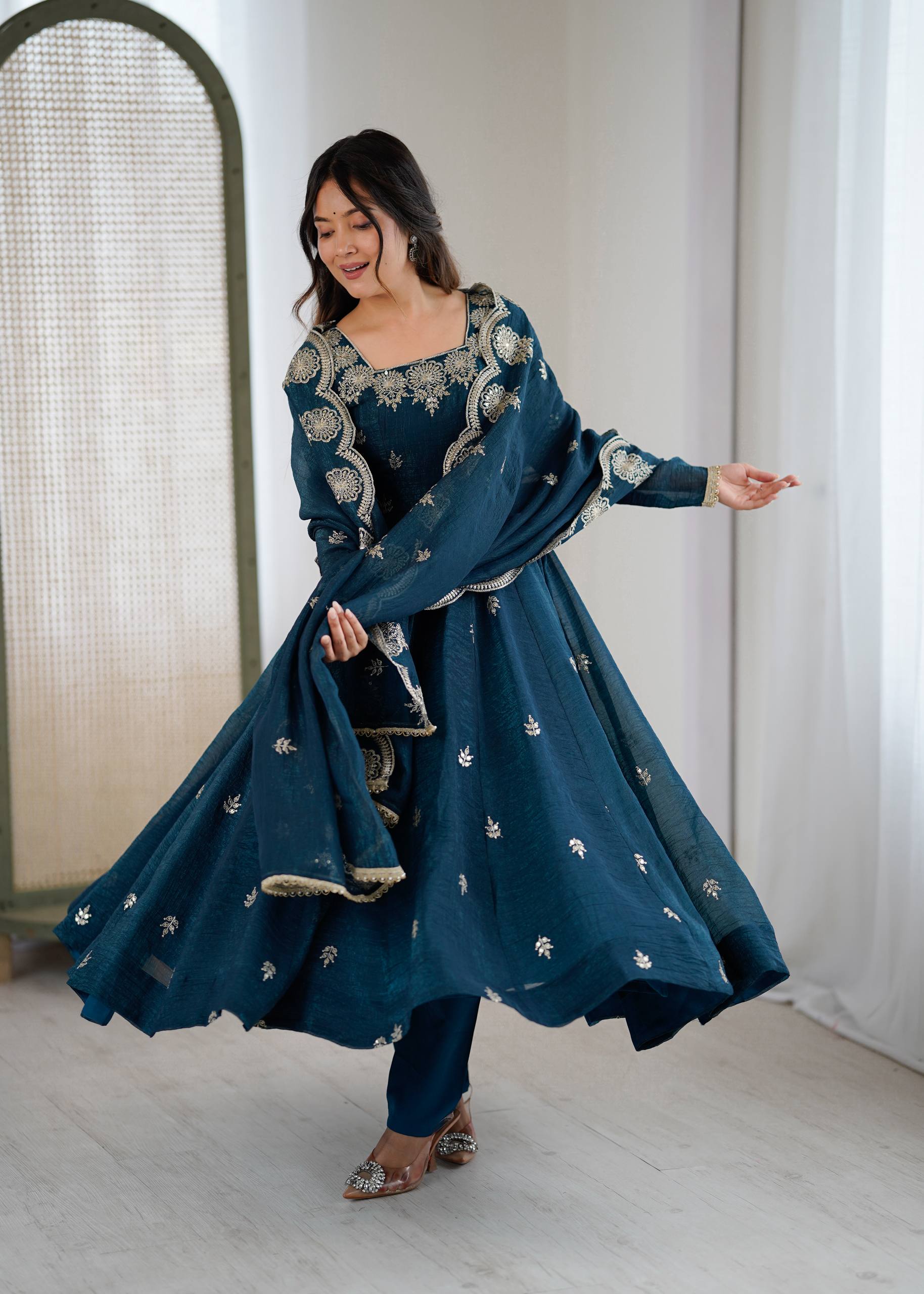 Teal Blue Color Elegant Designer Anarkali Set for Women | Ready to Wear 3 Piece Suit