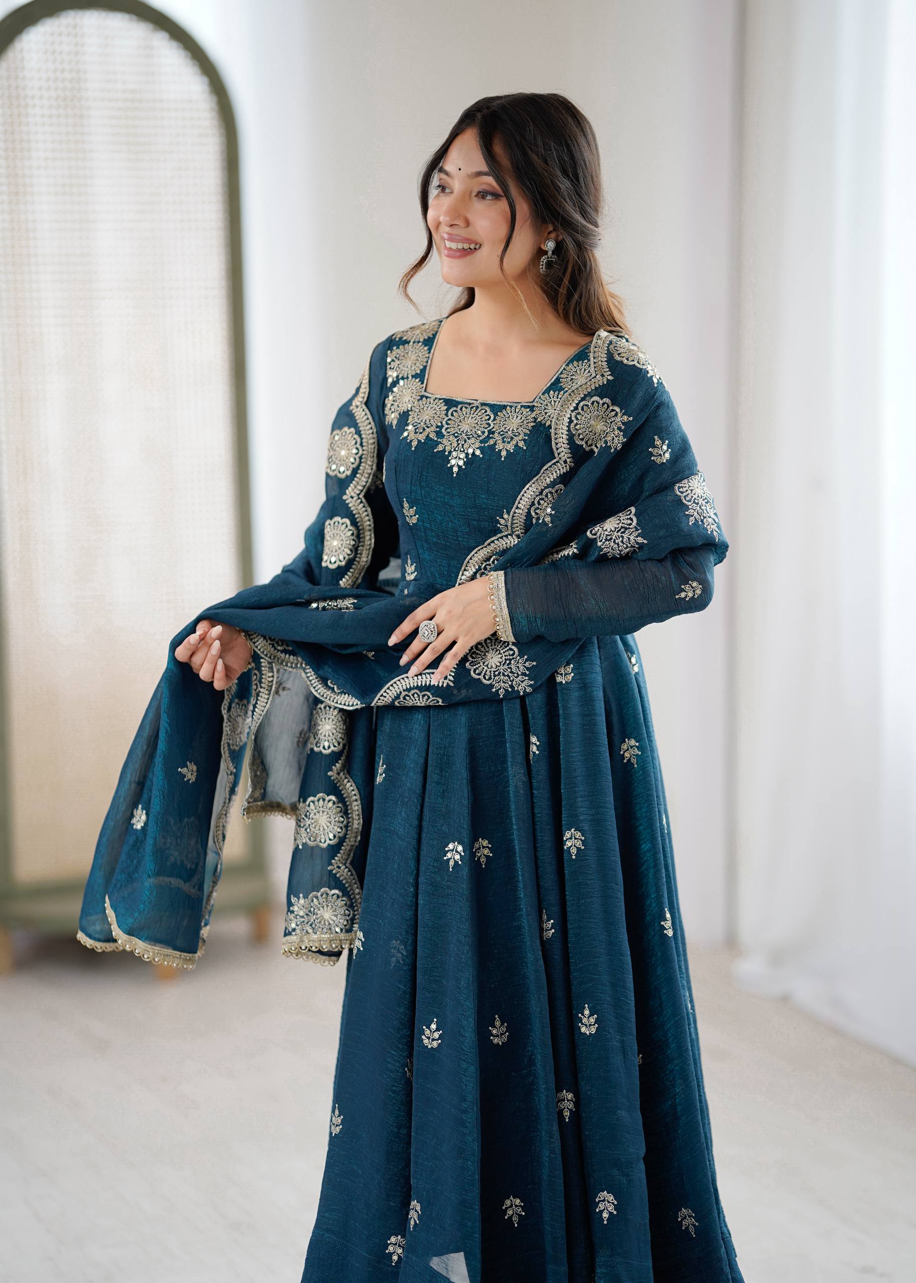 Teal Blue Color Elegant Designer Anarkali Set for Women | Ready to Wear 3 Piece Suit