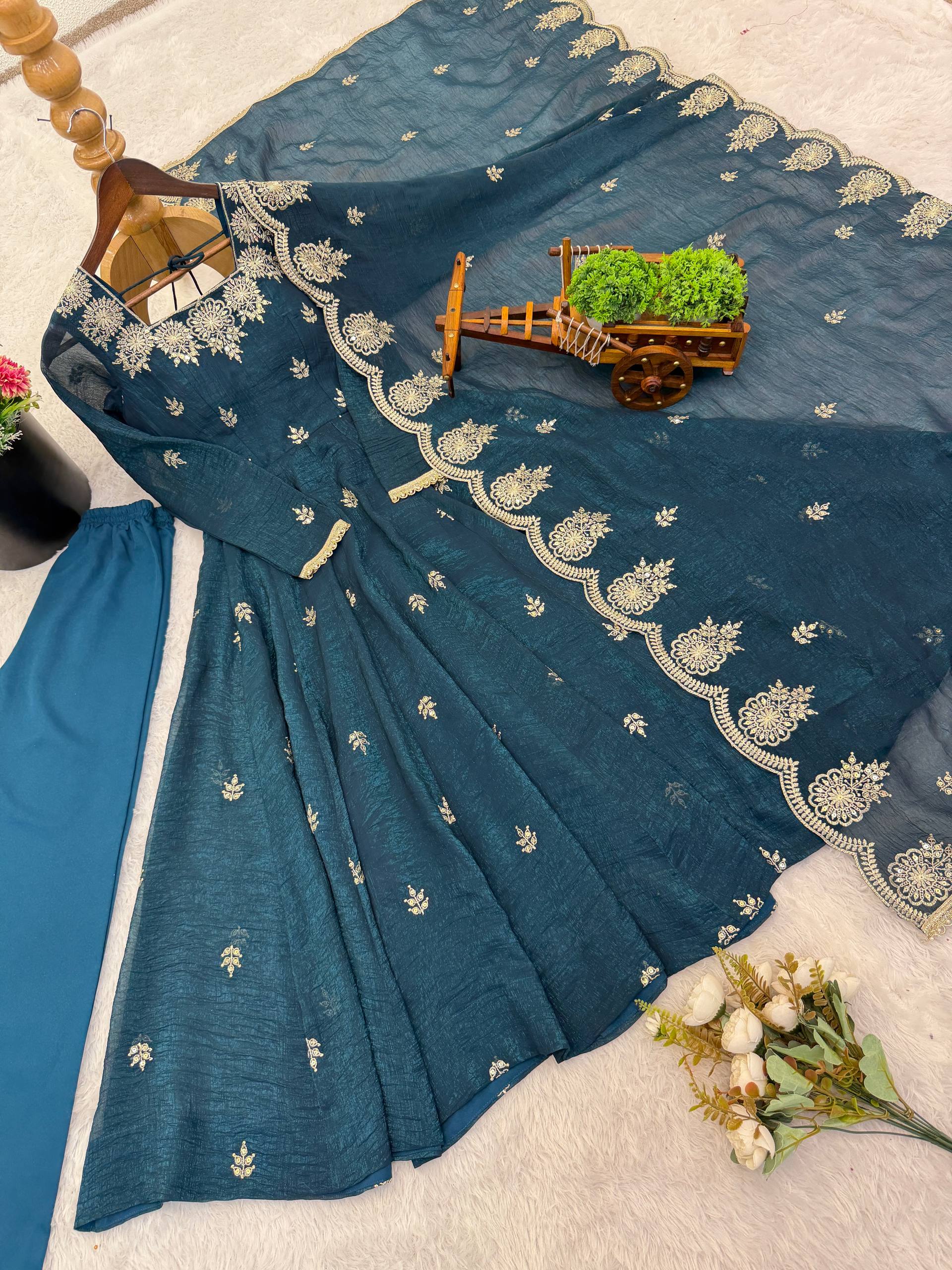 Teal Blue Color Elegant Designer Anarkali Set for Women | Ready to Wear 3 Piece Suit