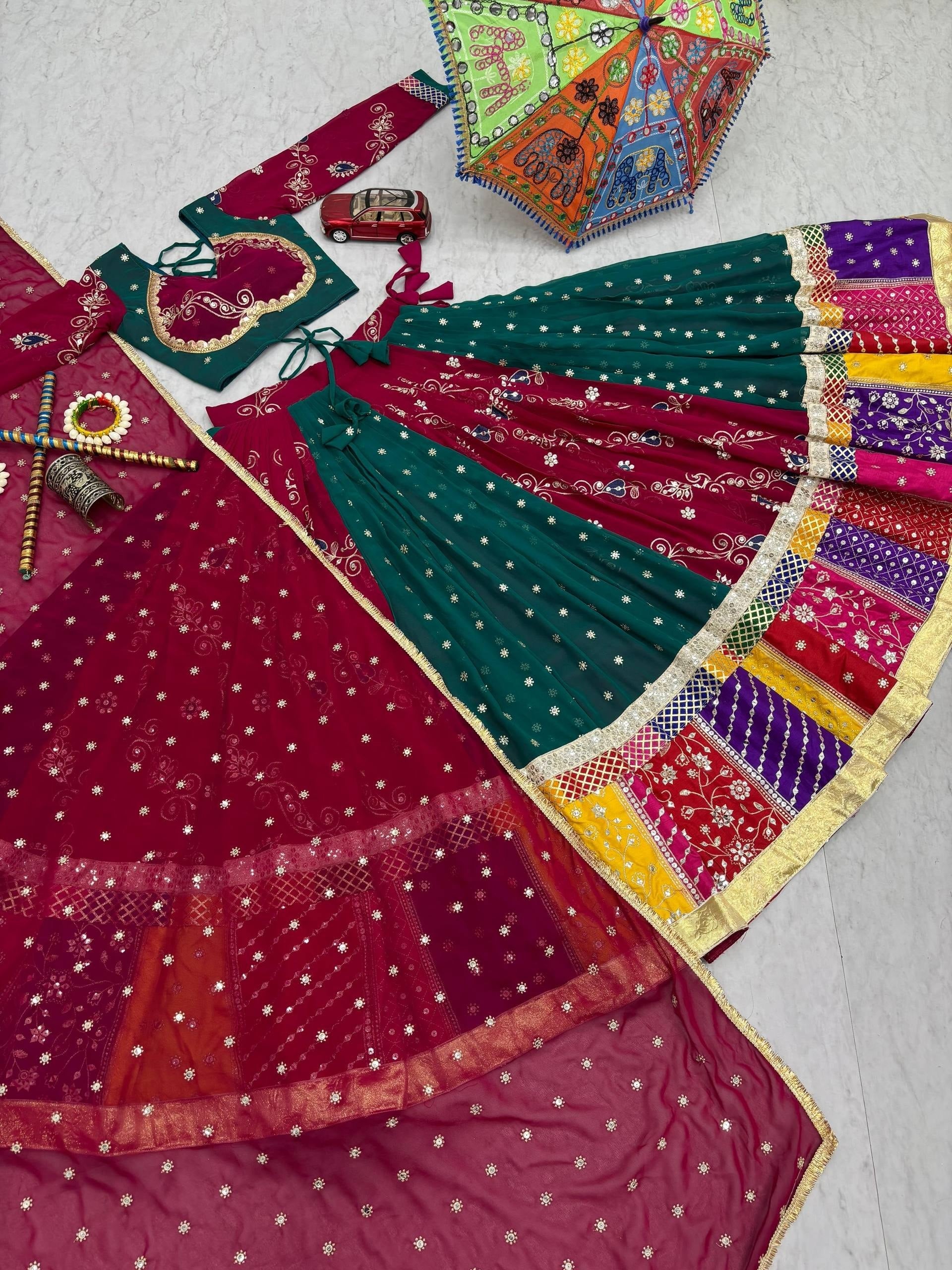 Wine & Teal Fox Georgette Navratri Lehenga Choli with Dupatta | 6 Meter Flair
