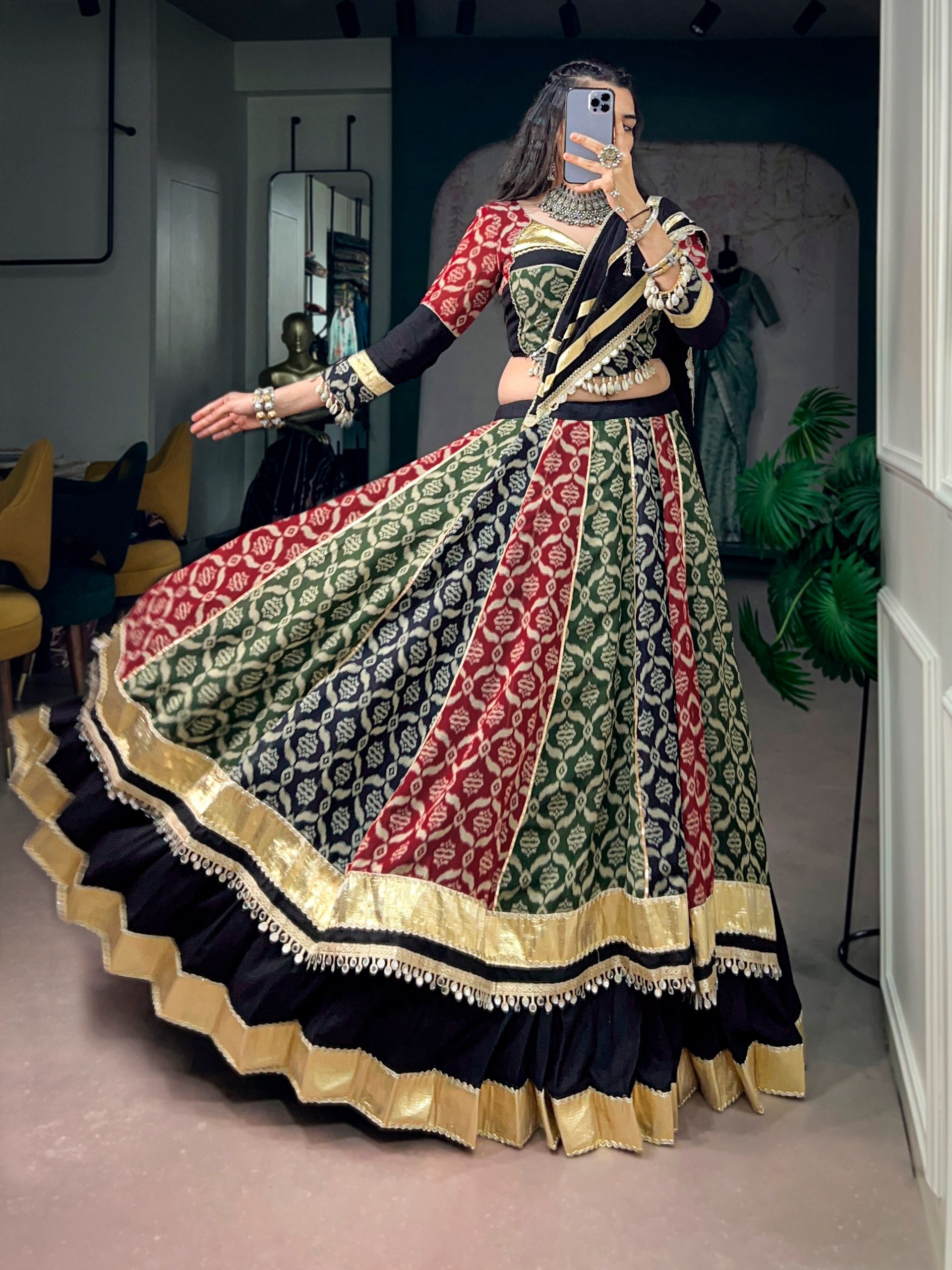 Black Multicolor Heritage Print Navratri Lehenga Choli with Dupatta | Rayon Garba Outfit | 7 Meter Flair