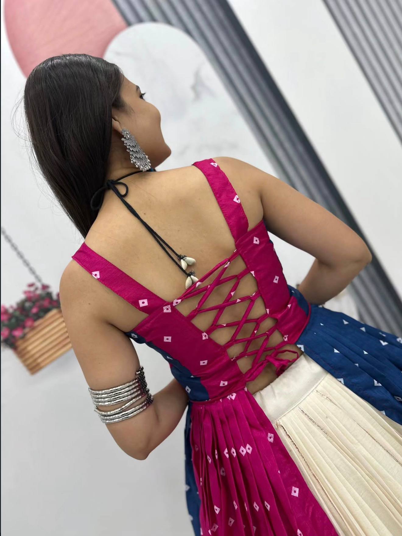 Pink & Navy Blue Bandhej Mirror Work Choli with Ivory Khadi Cotton Lehenga