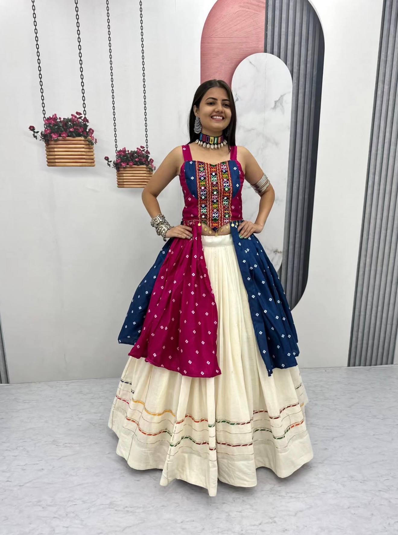 Pink & Navy Blue Bandhej Mirror Work Choli with Ivory Khadi Cotton Lehenga
